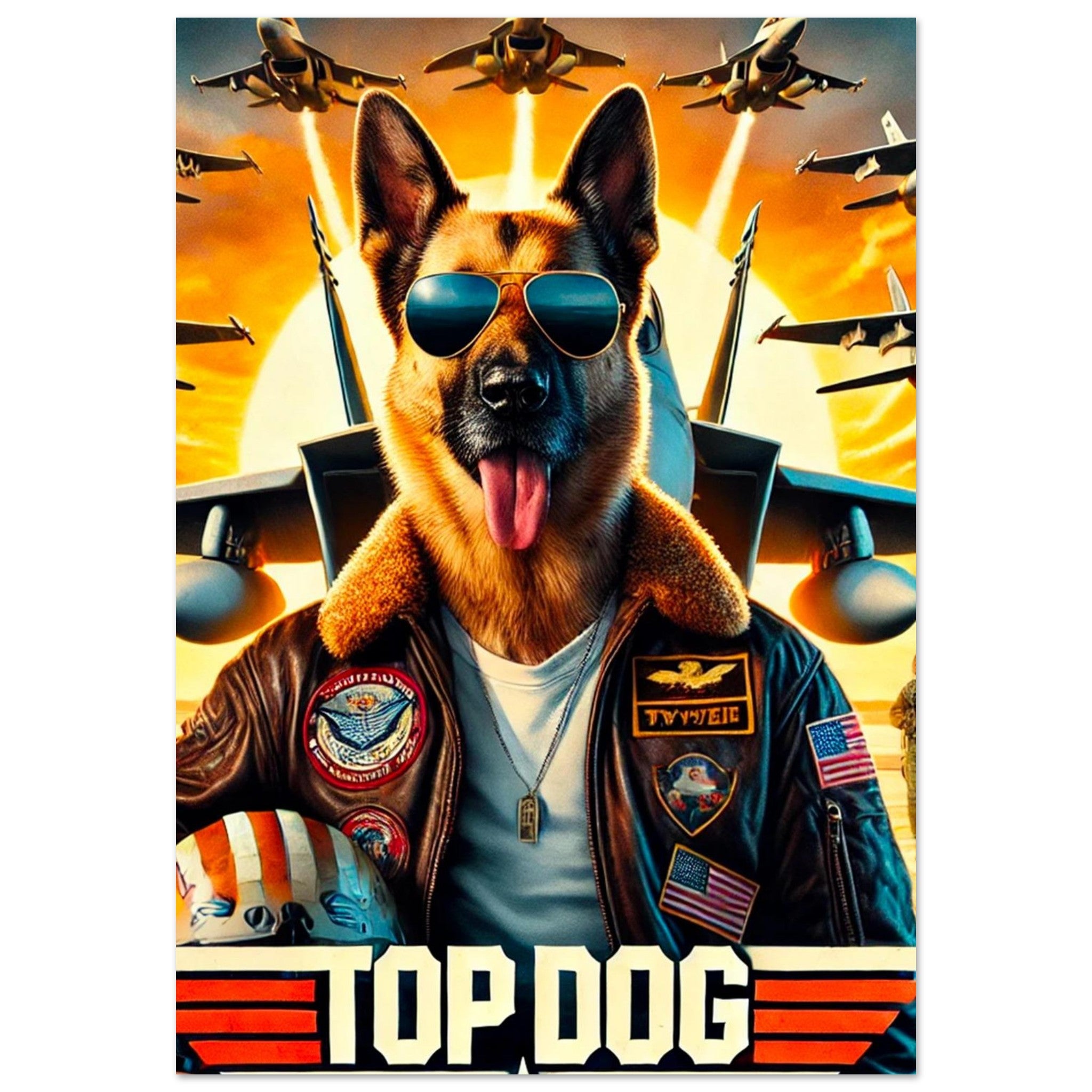 Chien berger allemand stylisé en pilote de chasse, blouson en cuir à écussons US, lunettes aviateur et casque sous le bras, formation de jets au coucher de soleil, titre “Top Dog”