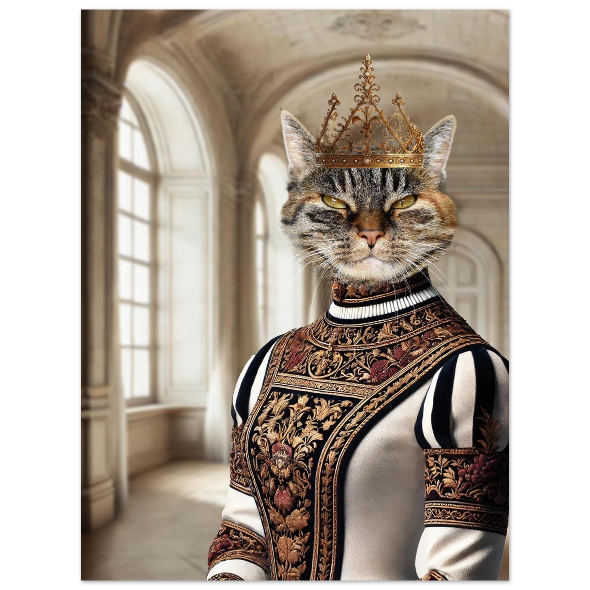 Chat tigré couronné dans un somptueux costume royal brodé de motifs floraux dorés, posé dans une galerie de palais classique aux grandes fenêtres cintrées
