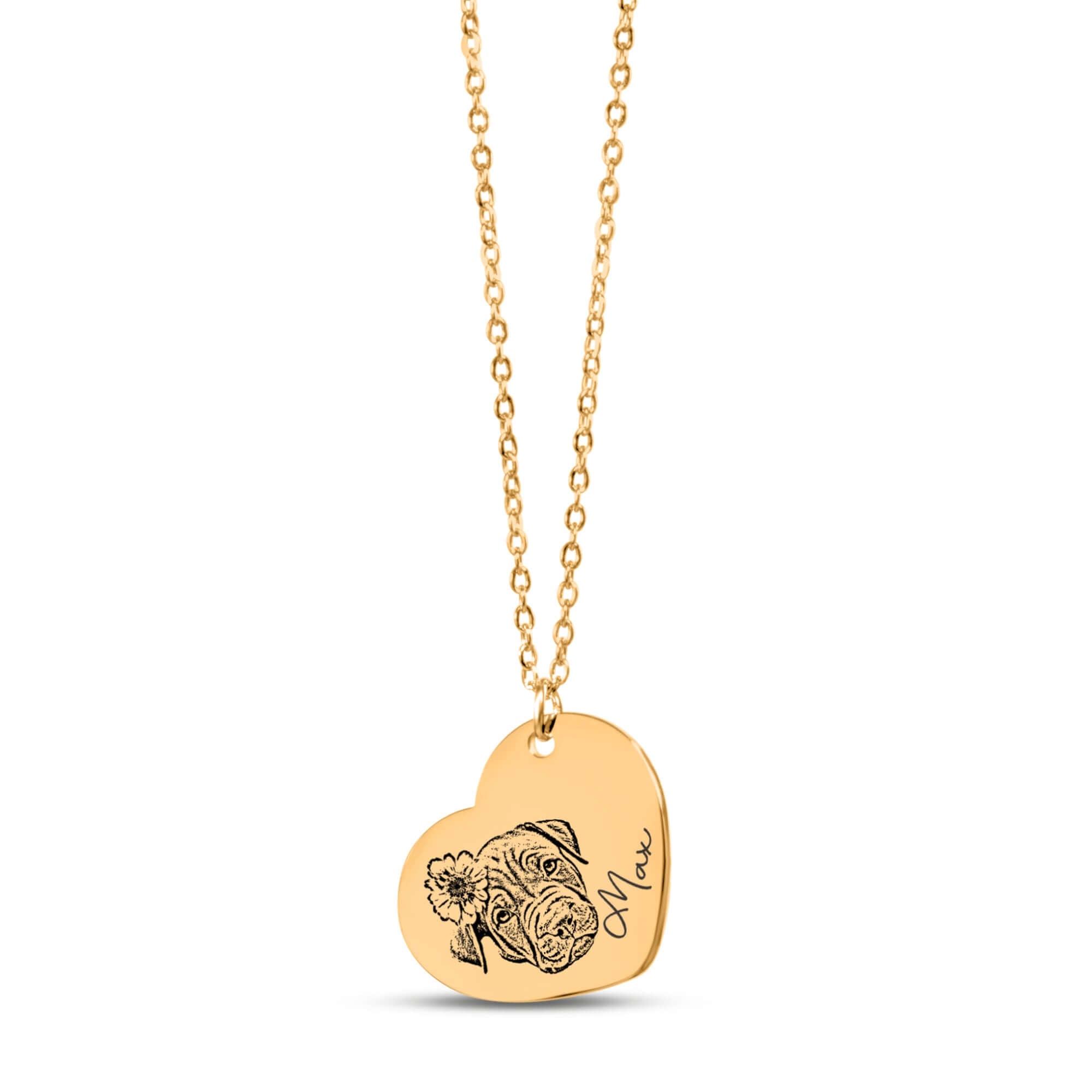 Collier cœur personnalisé avec portrait d'animal, gravé et imprimé en France, sur papier FSC pour souvenir unique.