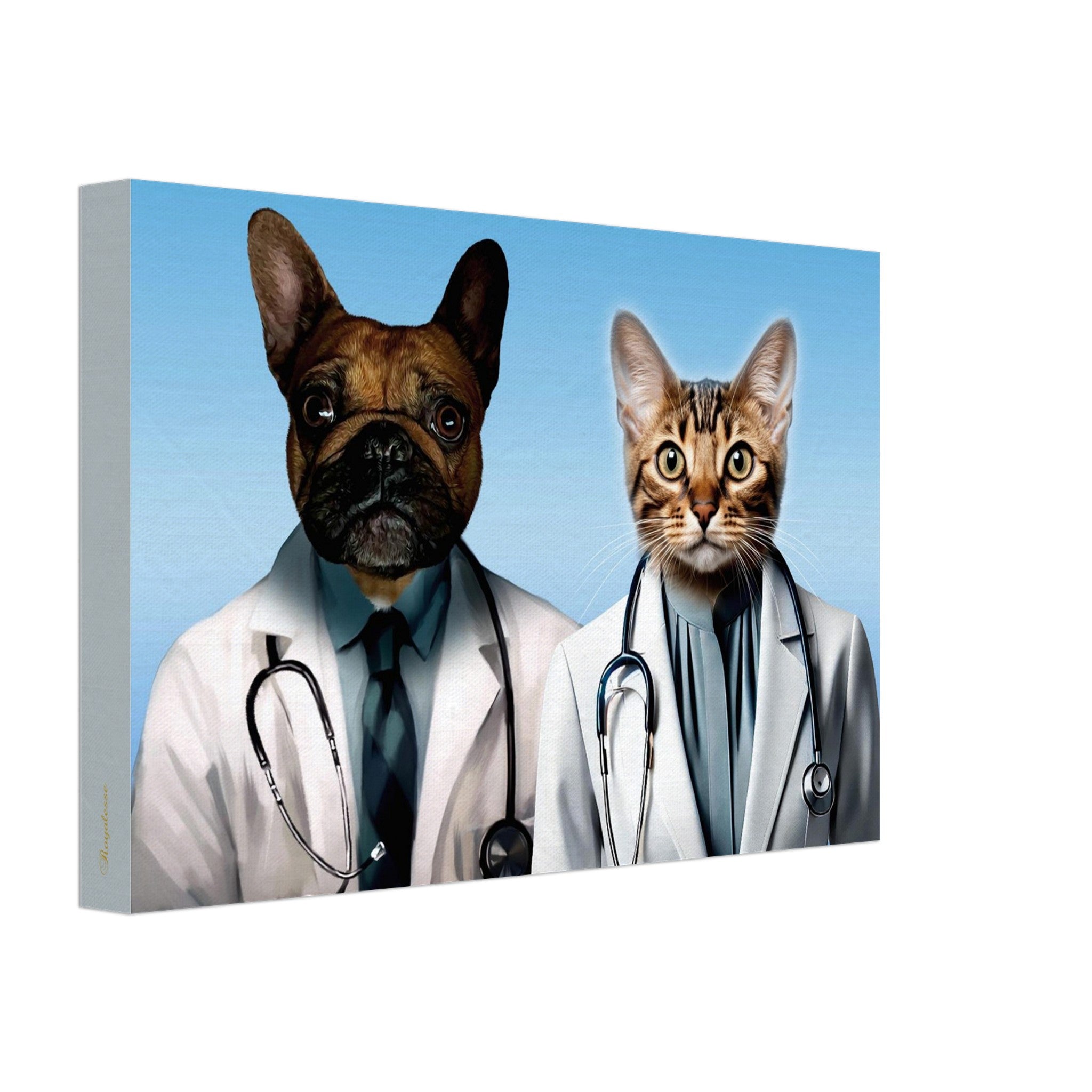 Tableau toile murale illustrant un bouledogue français et un chat tigré en blouses de médecin avec stéthoscopes sur fond bleu