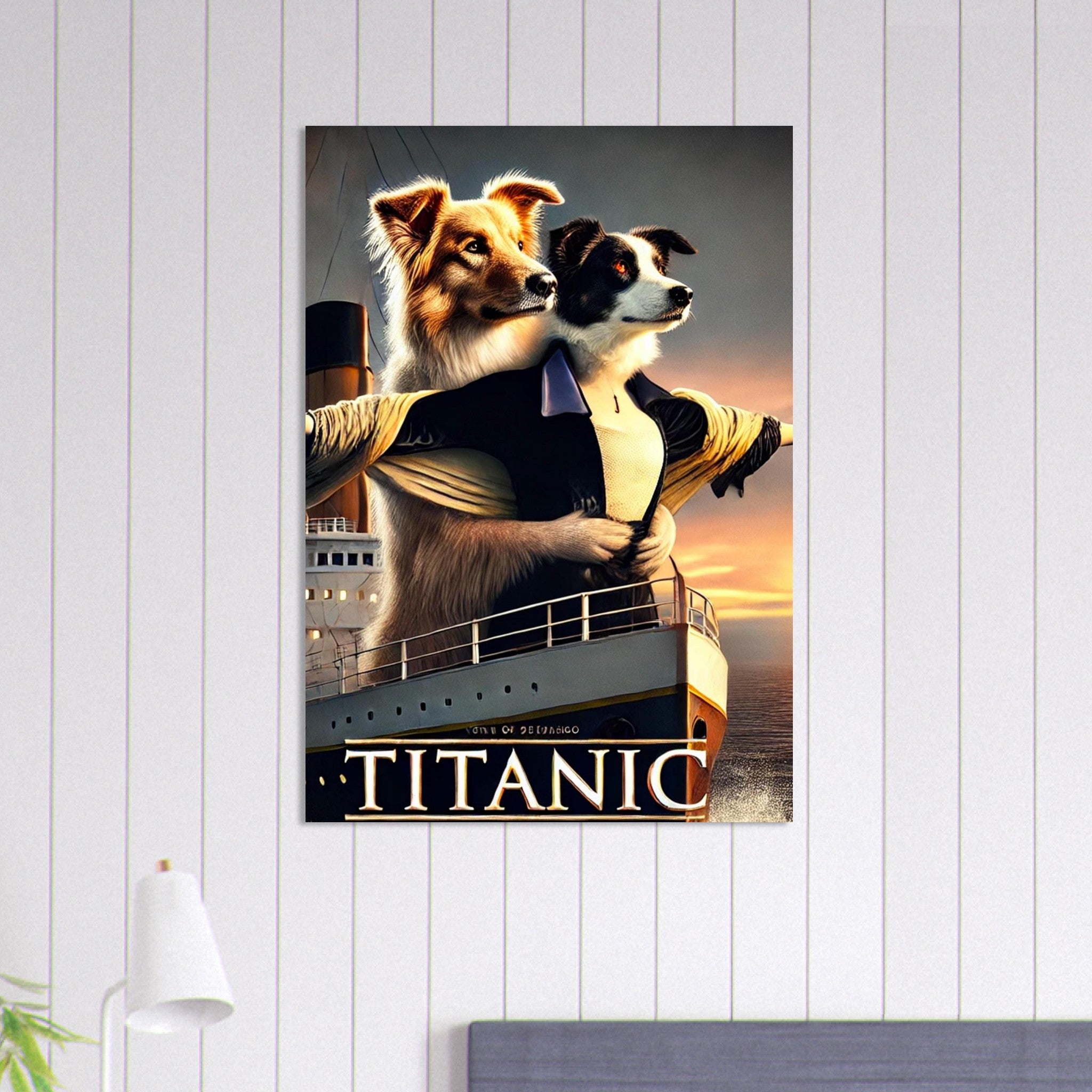 Affiche parodique du film Titanic avec deux chiens adoptant la pose mythique sur la proue d’un paquebot au coucher du soleil.