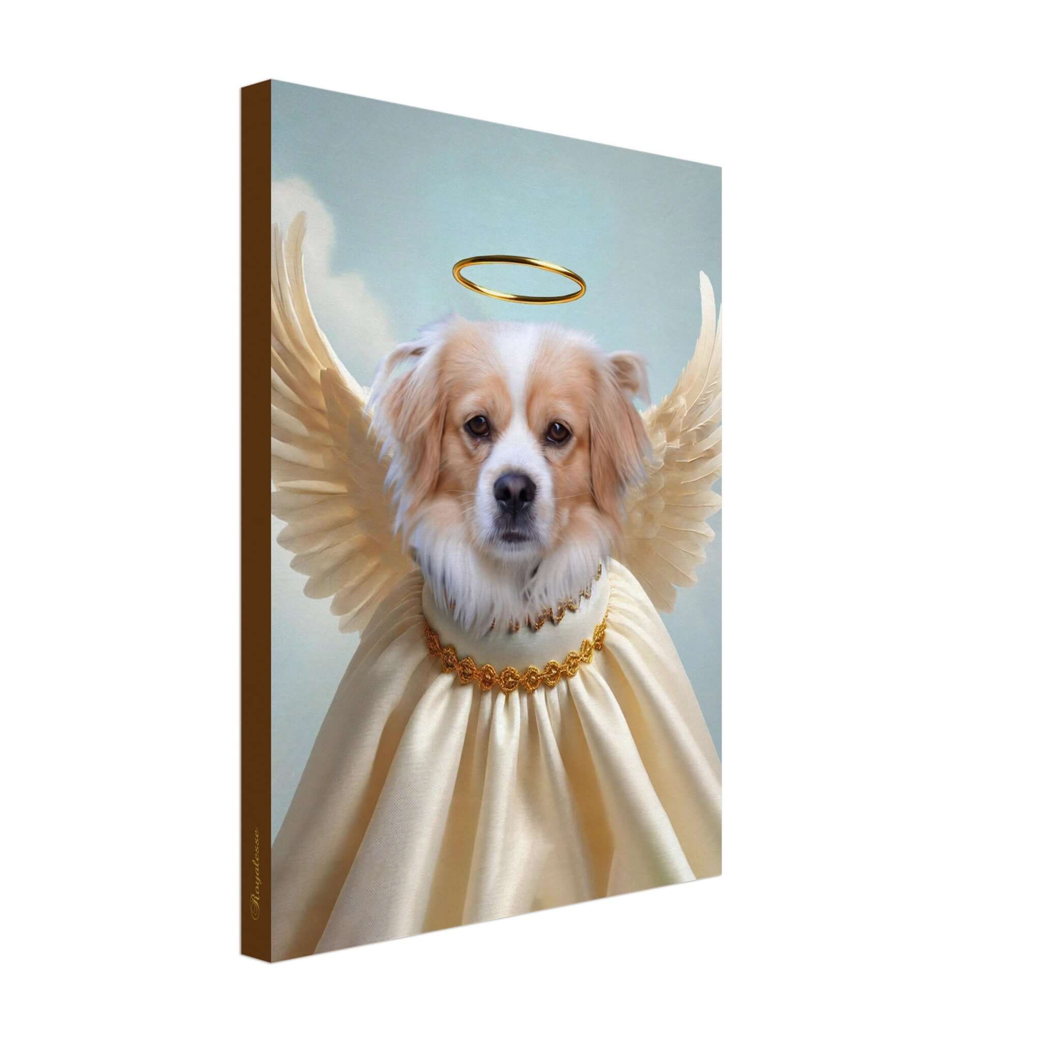 Portrait d'un chien en ange imprimé en France sur toile avec papier FSC, offrant un art personnalisé et intemporel.
