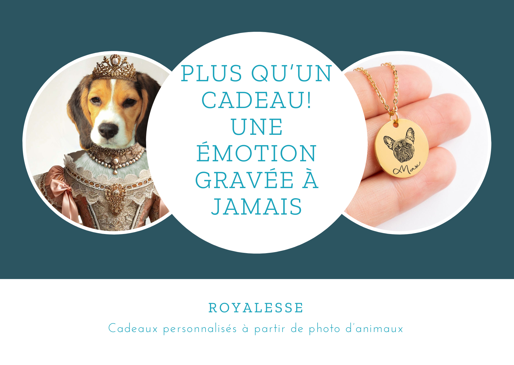 Collier gravé et portrait animalier élégant, texte "Émotion gravée à jamais", cadeau personnalisé Royalesse.