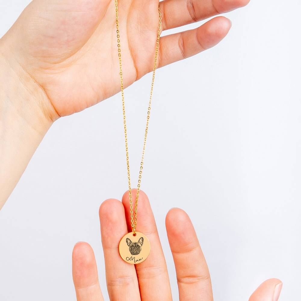 Collier personnalisé avec photo de chien, gravé sur pendentif rond en or, produit gravé en France