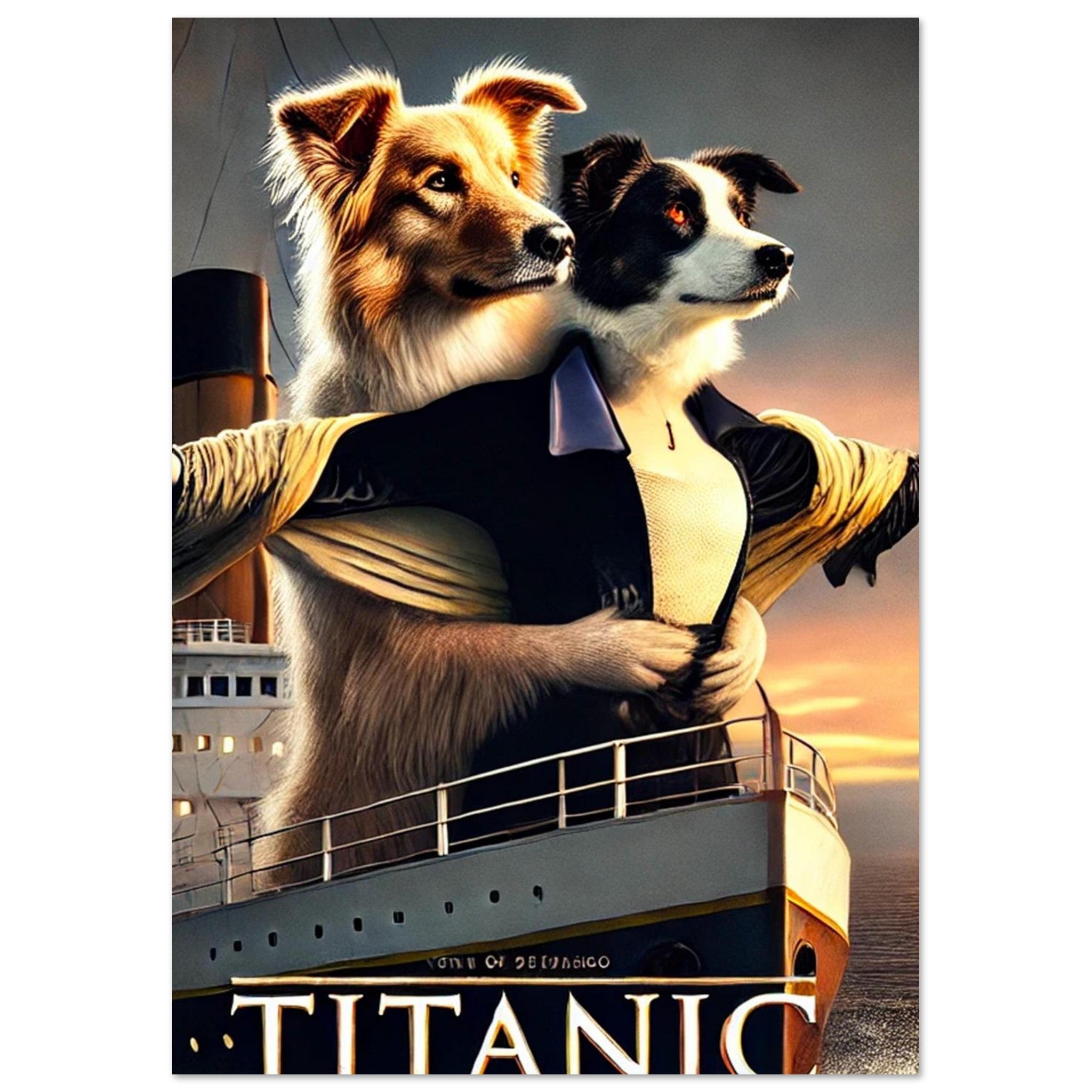 Deux chiens anthropomorphes sur la proue du Titanic au coucher de soleil, l’un golden retriever vêtu d’une veste et l’autre border collie en robe, parodie de la scène emblématique du film Titanic.