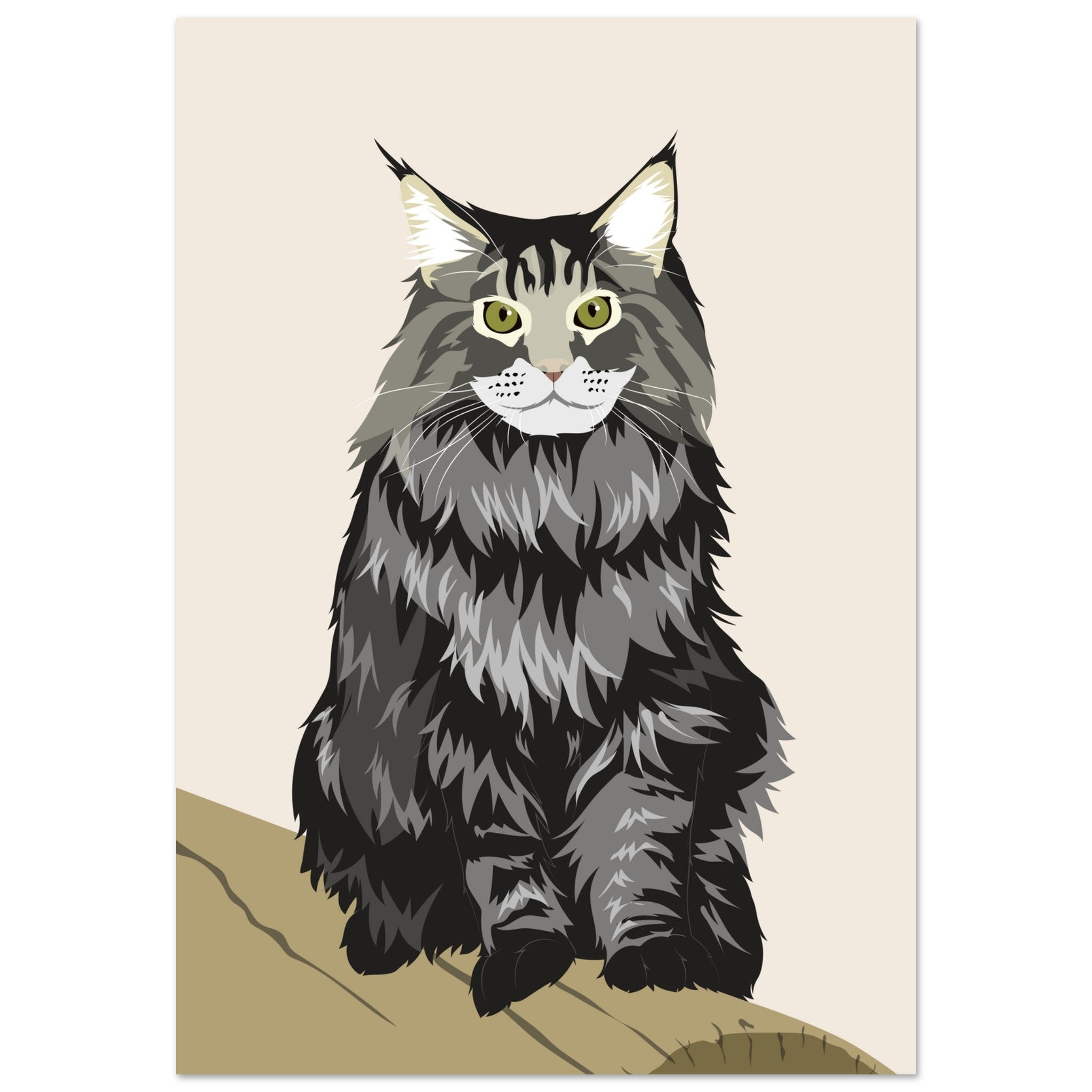 Illustration d’un chat Maine Coon à poils longs gris et noir aux yeux verts, assis sur une bûche sur fond beige.