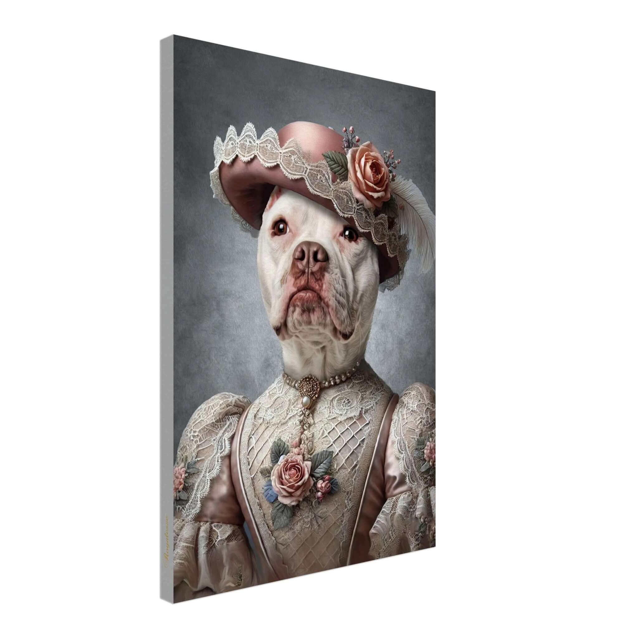 Portrait animal imprimé en France sur toile FSC, représentant un chien habillé en dame avec perles et chapeau pour une touche artistique.