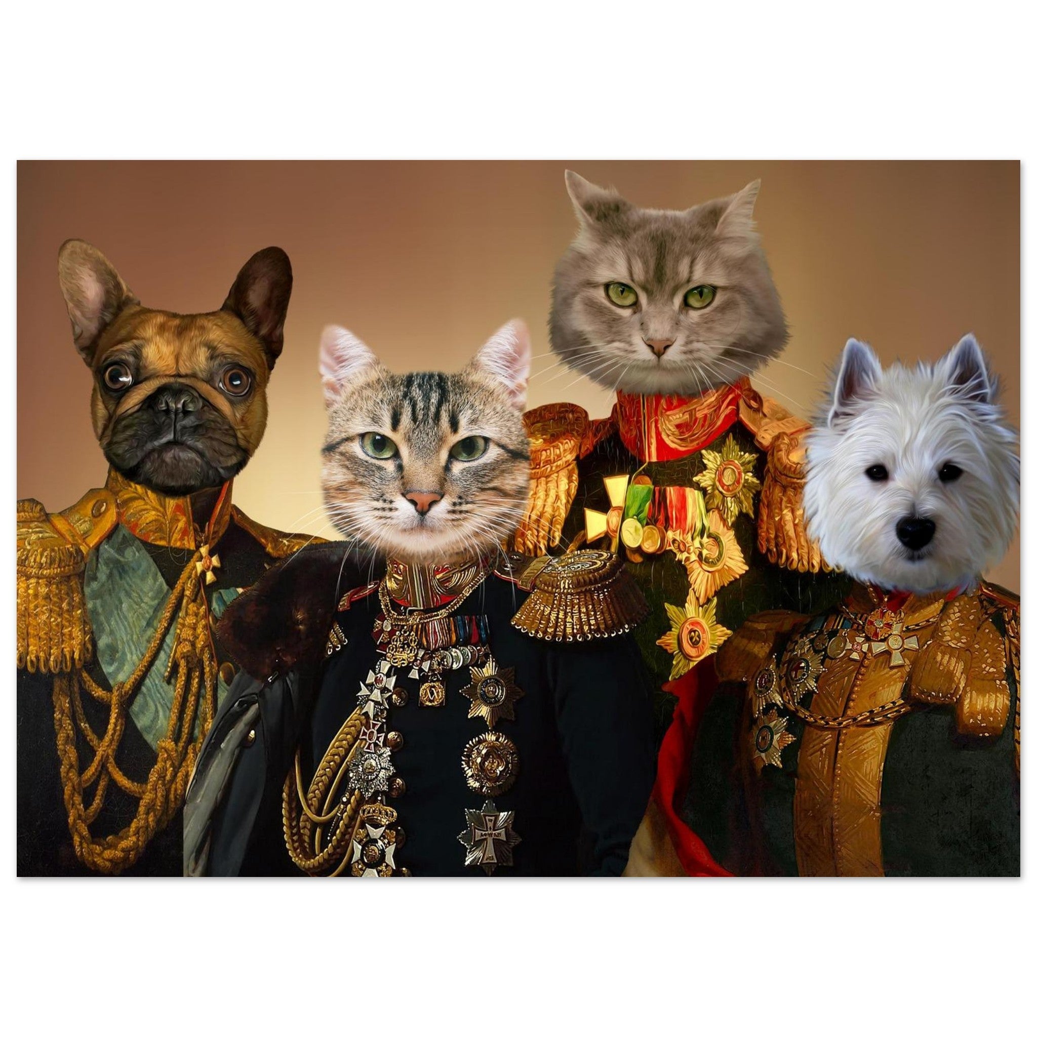 Quatre animaux posant en uniforme militaire historique orné de médailles et galons dorés : un bouledogue français, un chat tigré, un chat gris à poils longs et un westie blanc.