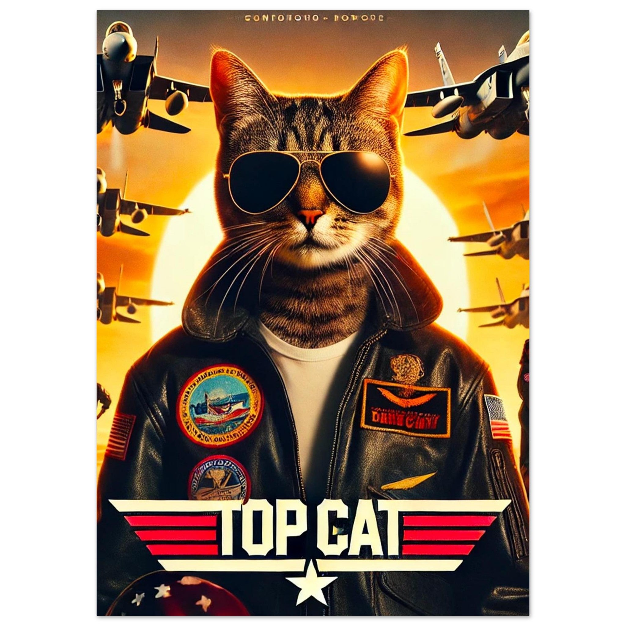 Affiche du film Top Cat : un chat stylisé en pilote de chasse porte une veste en cuir ornée d’écussons et des lunettes aviateur, devant un coucher de soleil orange et une formation d’avions de chasse.