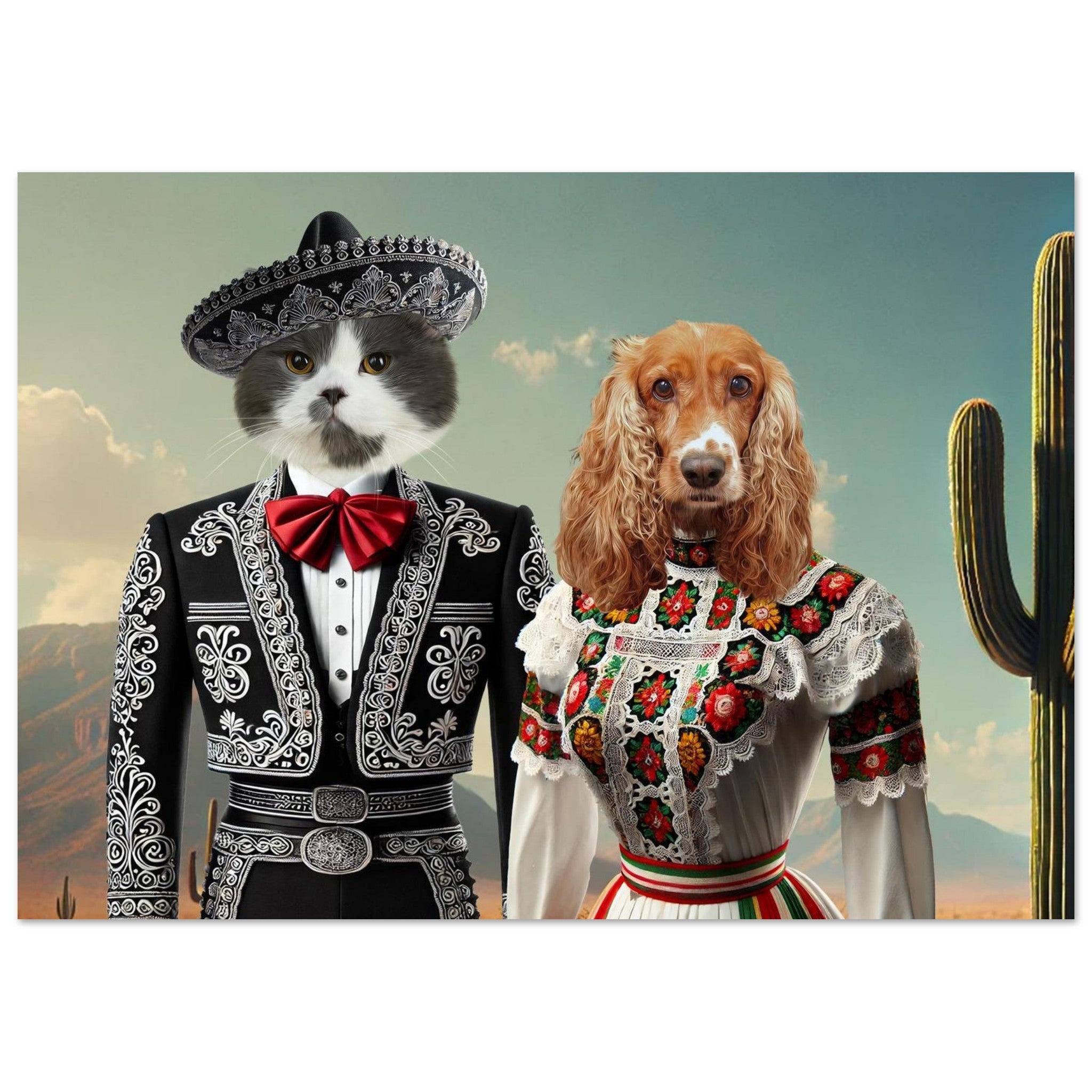 Chat en costume de mariachi noir brodé avec sombrero et nœud papillon rouge à côté d’un cocker en robe traditionnelle mexicaine colorée, devant un paysage désertique avec cactus