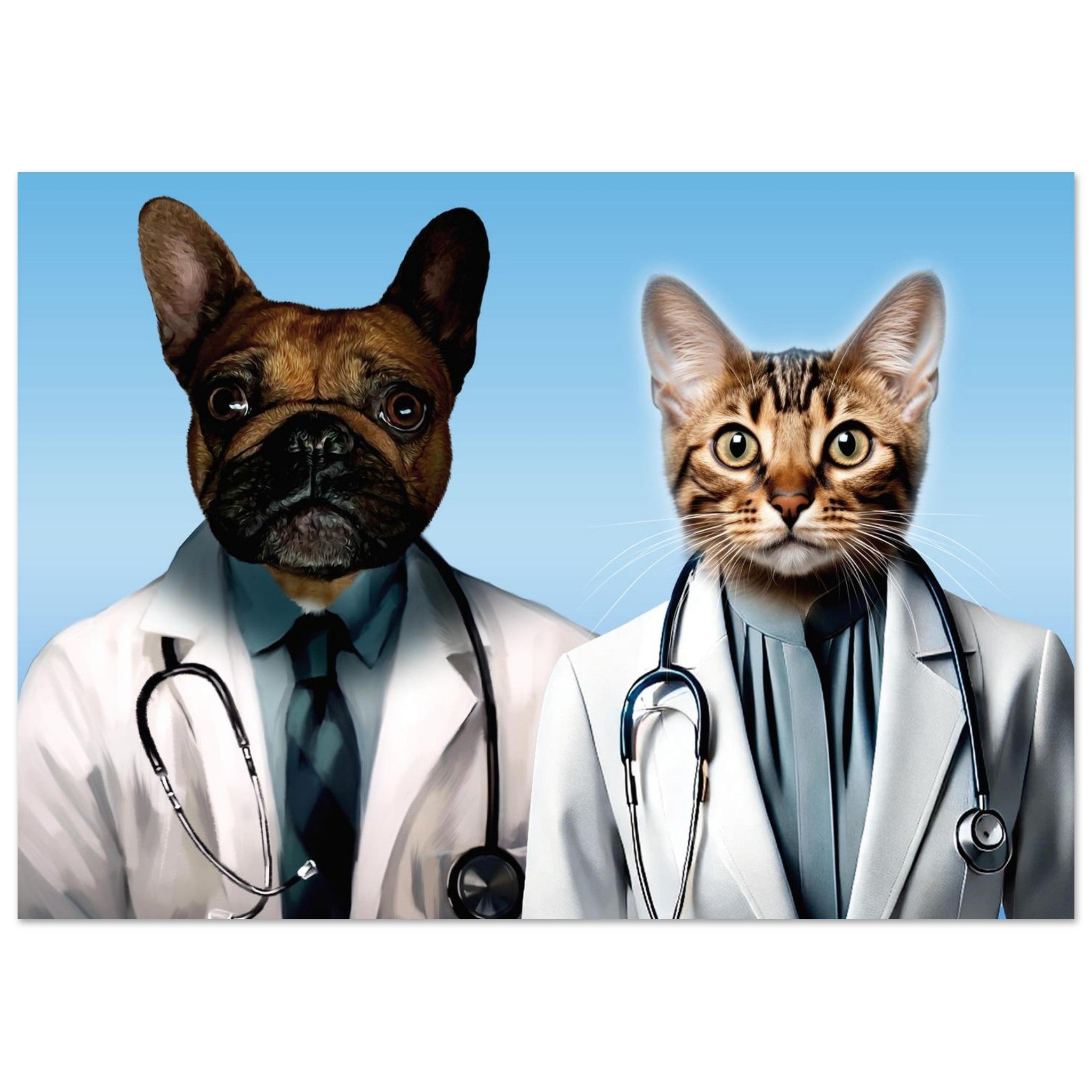 Bouledogue français et chat tigré habillés en médecins avec blouses blanches et stéthoscopes sur fond bleu