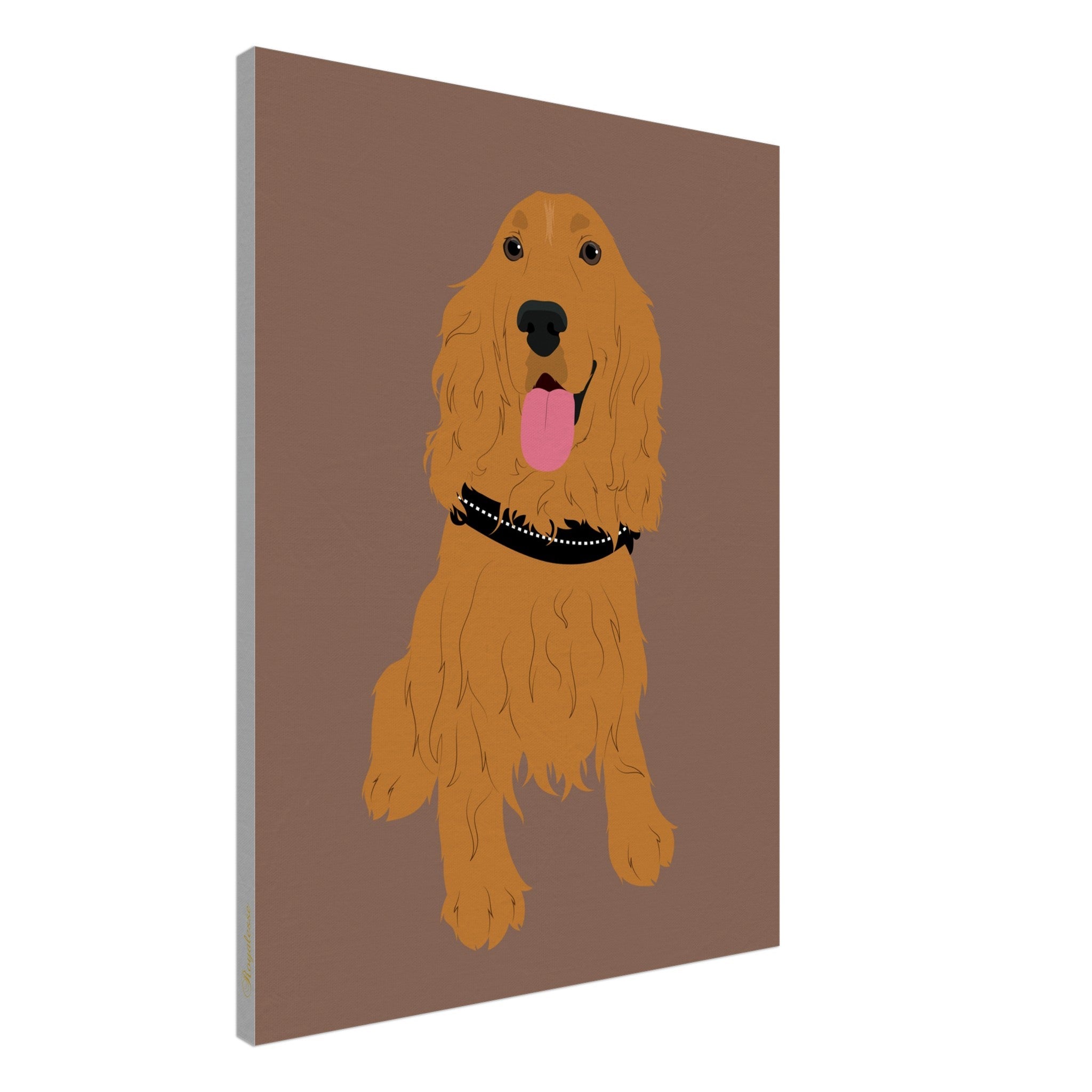 Illustration vectorielle d’un cocker doré assis, langue pendante, portant un collier noir clouté sur fond marron.