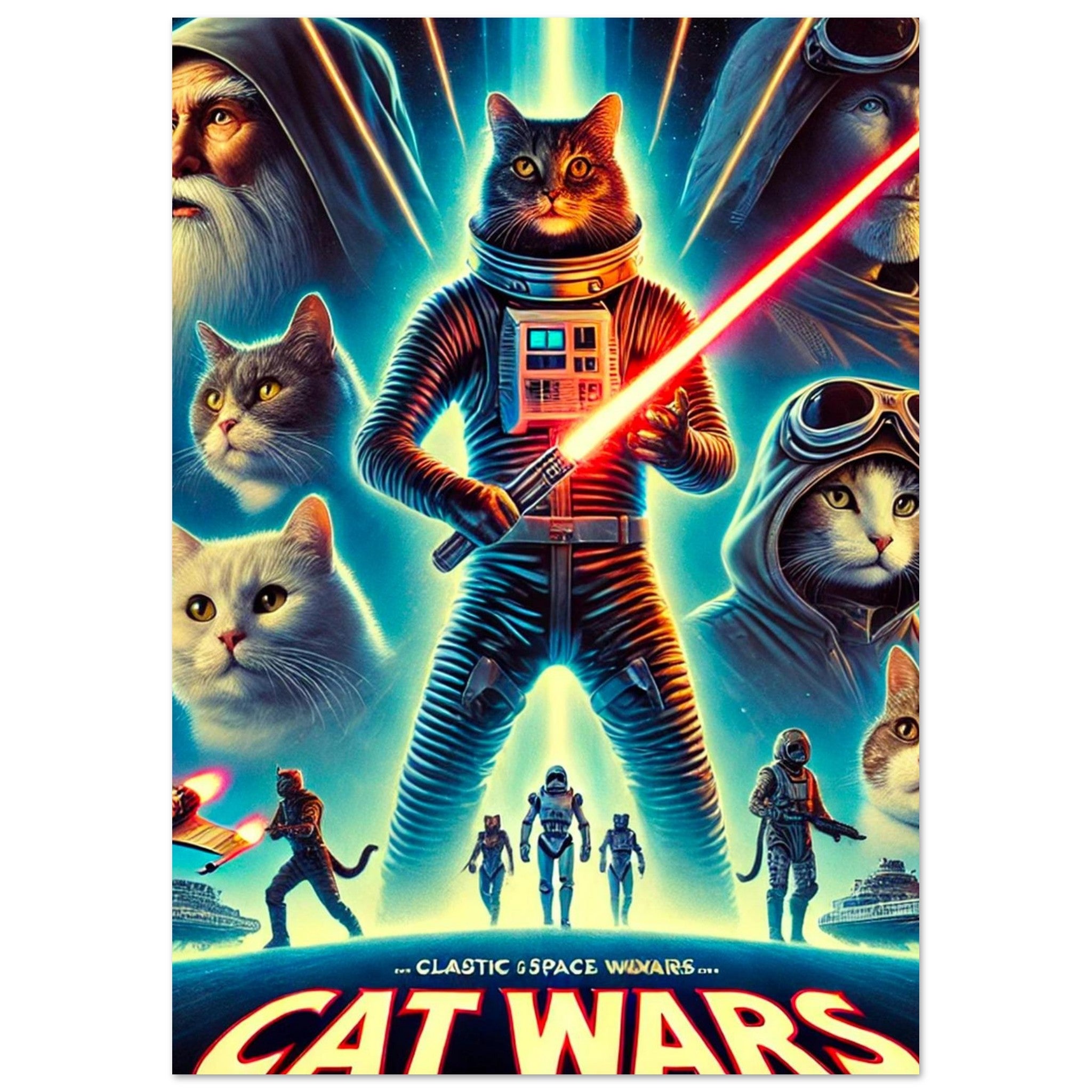 Affiche Cat Wars parodie Star Wars : chat astronaute au sabre laser rouge entouré de chats géants et de soldats félins sur fond bleu