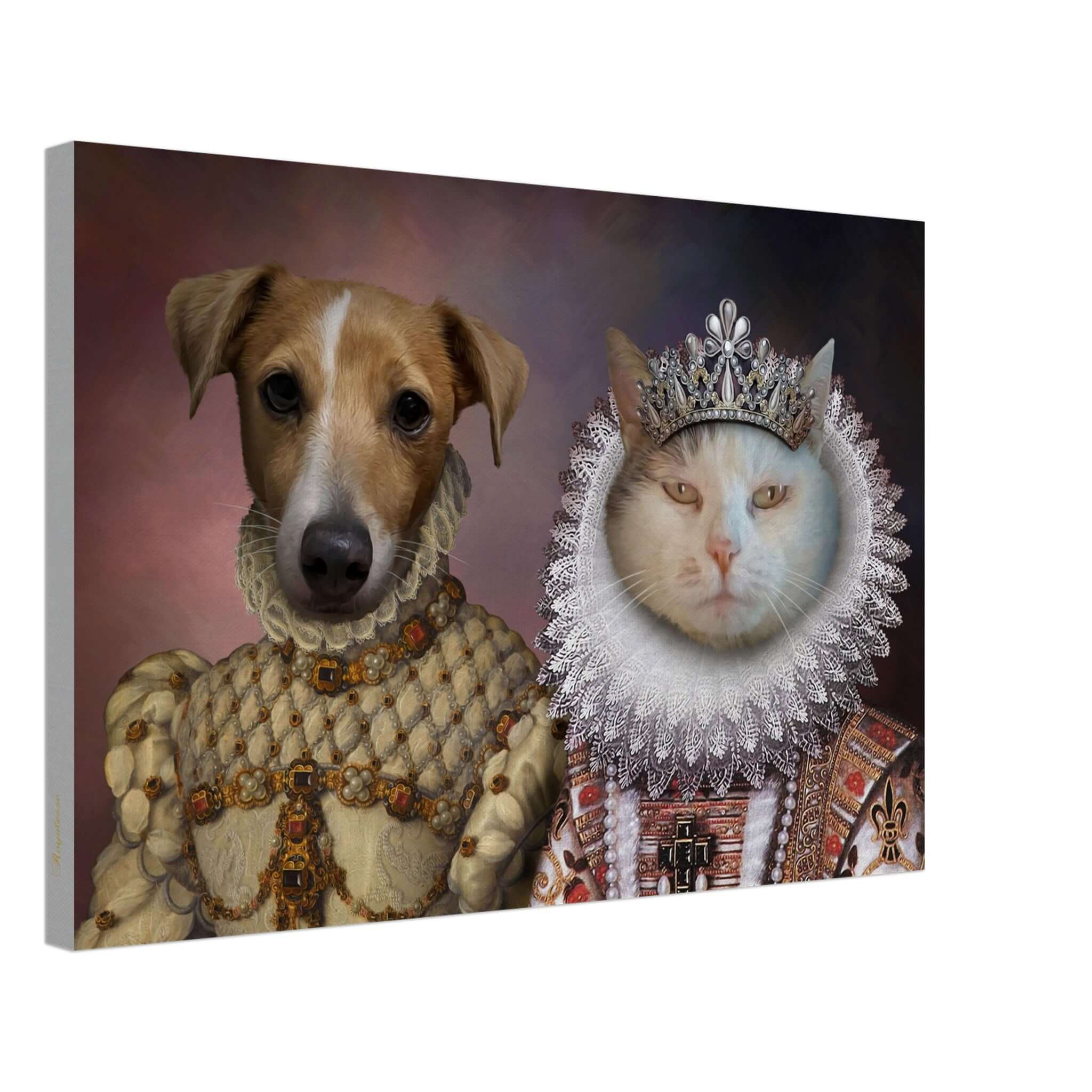 Toile personnalisée de chien et chat en costumes royaux, imprimée en France sur papier FSC, offrant une beauté artistique intemporelle.