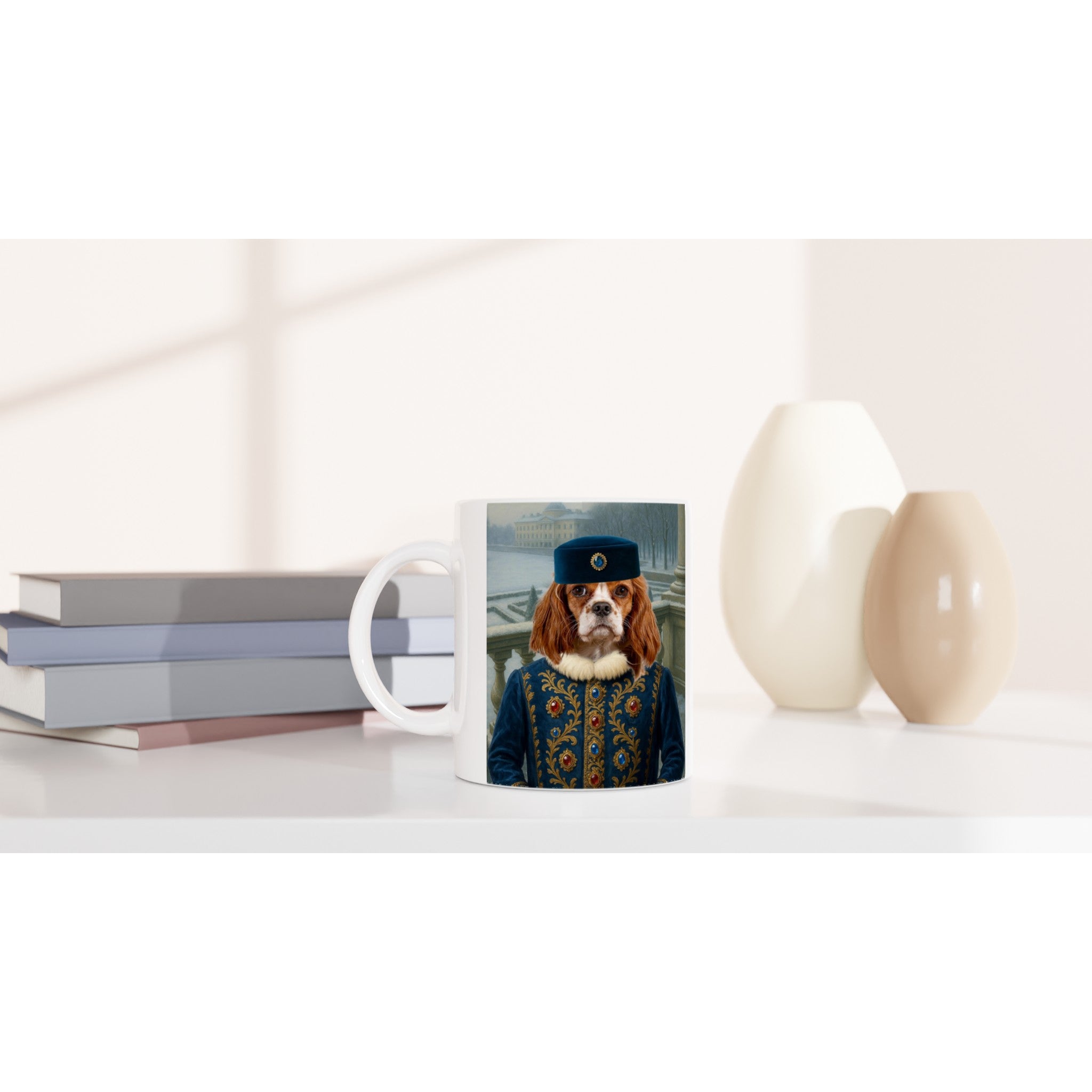 Mug blanc illustré d’un chien Cavalier King Charles en habit aristocratique bleu brodé et chapeau assorti, posé sur un bureau blanc aux côtés de livres empilés et de vases beiges