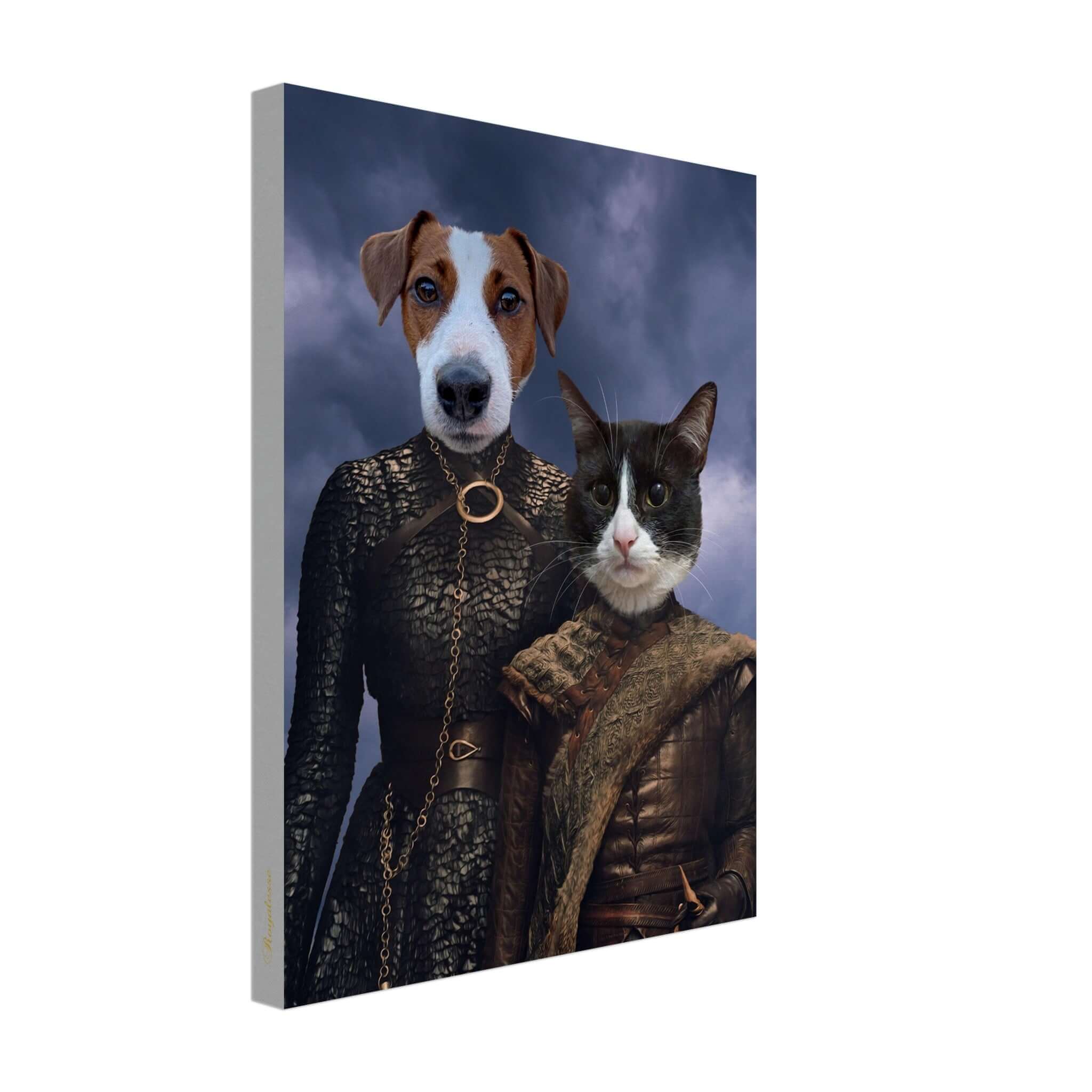 Portraits d'animaux personnalisés sur toile médiévale, imprimé en France sur papier FSC, ajoutant une touche artistique intemporelle.