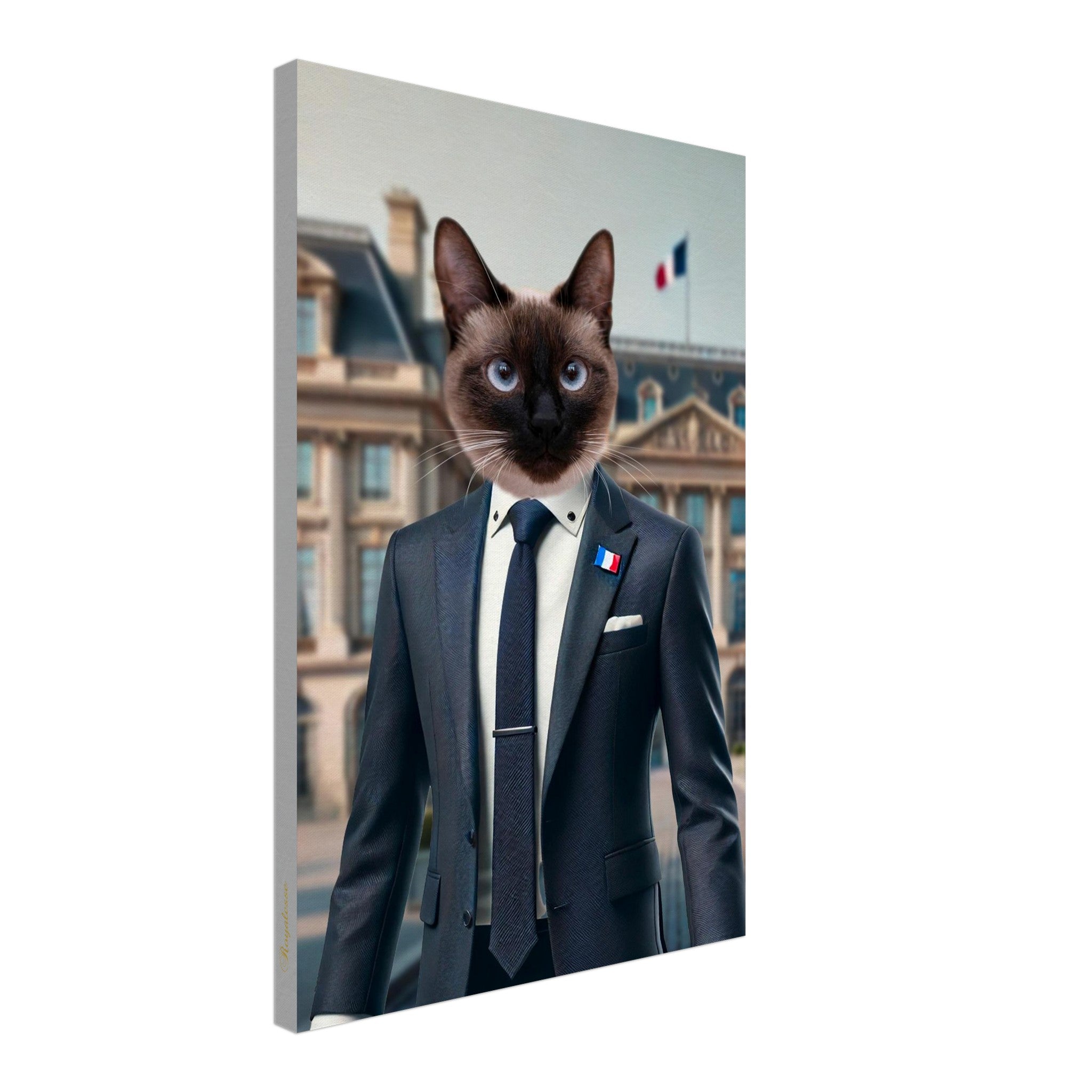 Portrait animal personnalisé "Le Président" avec un chat costumé en costume distingué, style toile artistique raffinée.