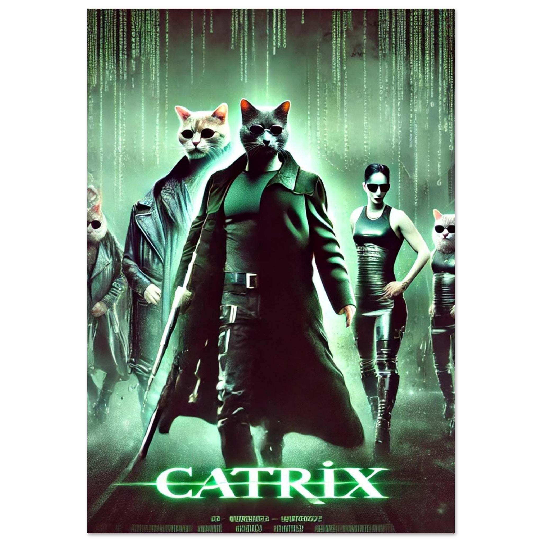 Affiche parodique Catrix – chats anthropomorphiques en trench-coat noir et lunettes de soleil, armes à la main, évoluant devant un dédale de code vert façon Matrix.