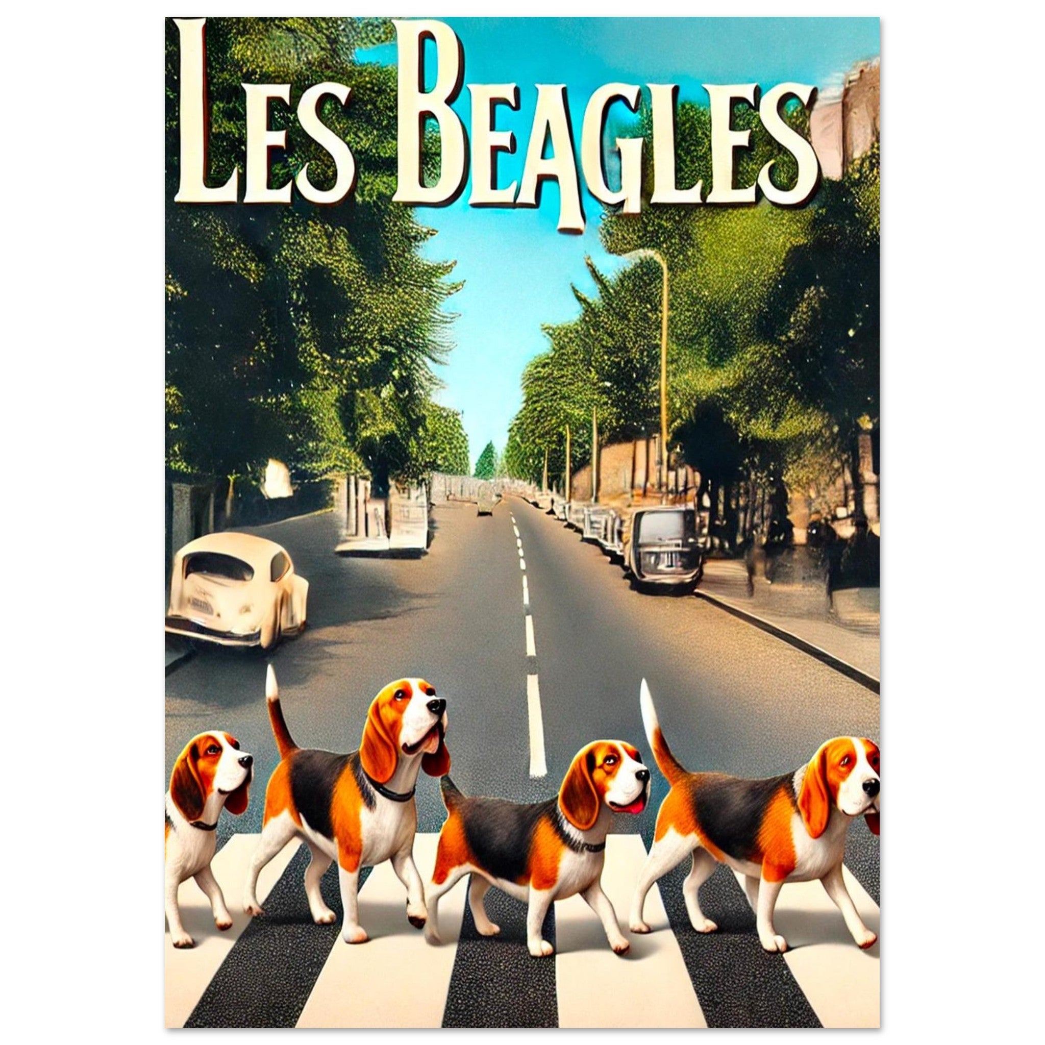 Les Beagles : quatre chiens beagle traversant en file un passage piéton sur une avenue bordée d’arbres et de voitures, clin d’œil à la pochette Abbey Road.