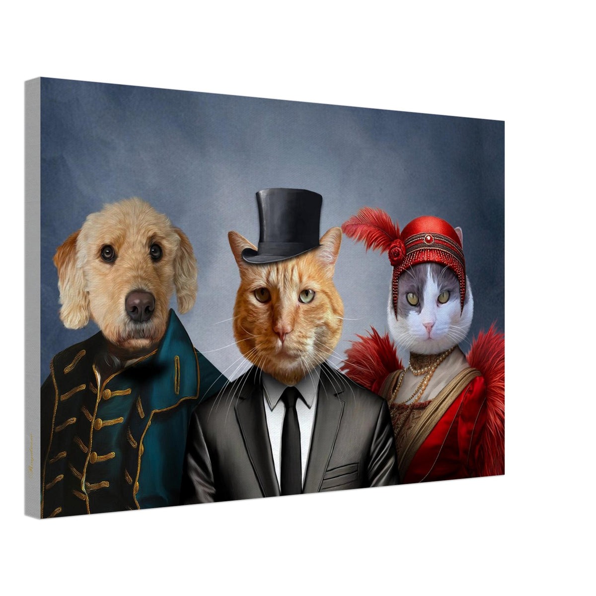 Alt Tag: Toile TRIO FÊTE - Portrait personnalisé d'animaux en tenue d'élégance sur toile, art intemporel pour sublimer vos souvenirs.