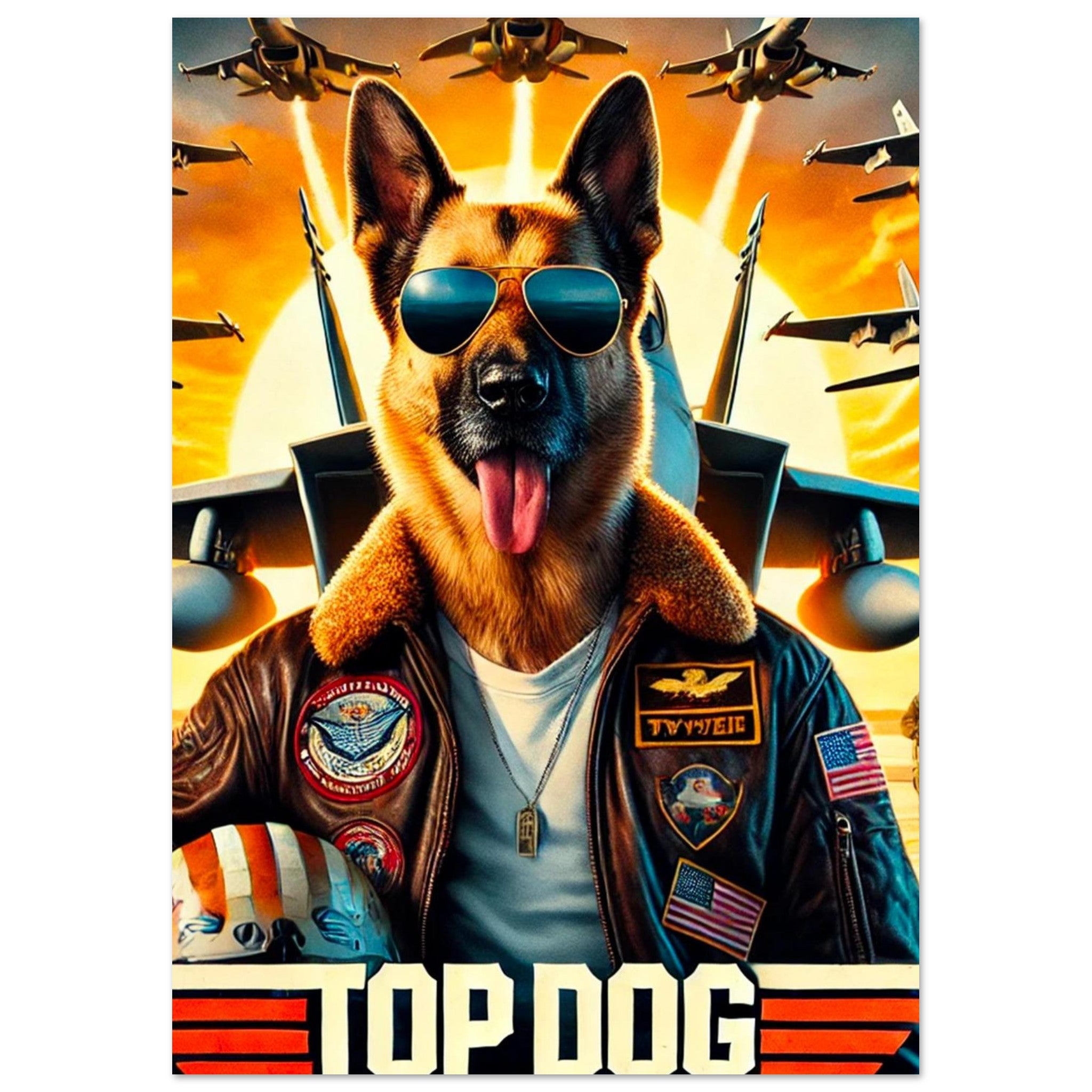 Chien berger allemand habillé en pilote de chasse : lunettes aviateur, veste en cuir à écussons américains et médaillon, casque de pilote posé devant lui, escadrille de jets survolant un coucher de soleil, titre « Top Dog » en bas.