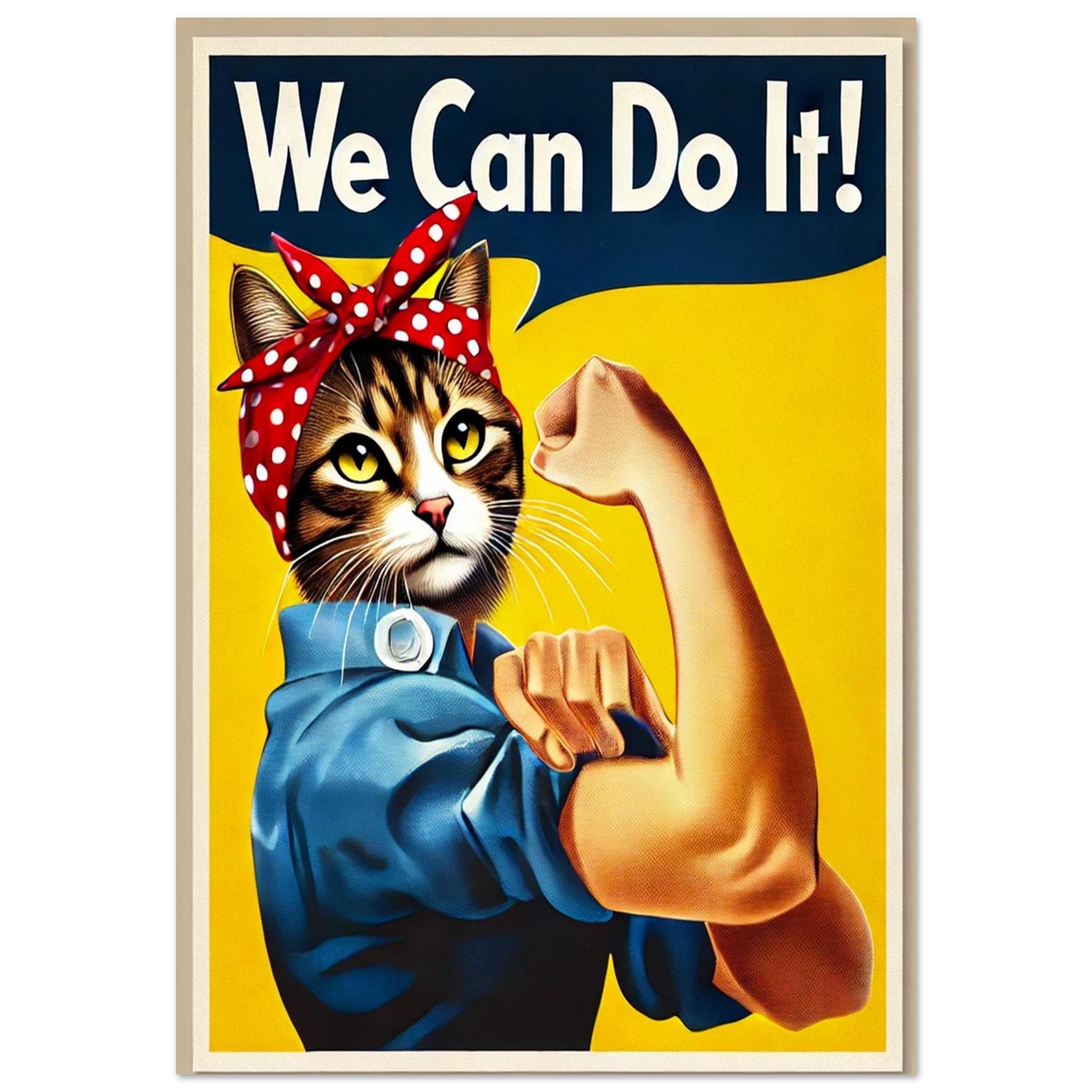 Chat rayé en posture Rosie la Riveteuse avec foulard rouge à pois blancs et chemise bleue, bras musclé replié, slogan « We Can Do It! » sur fond jaune