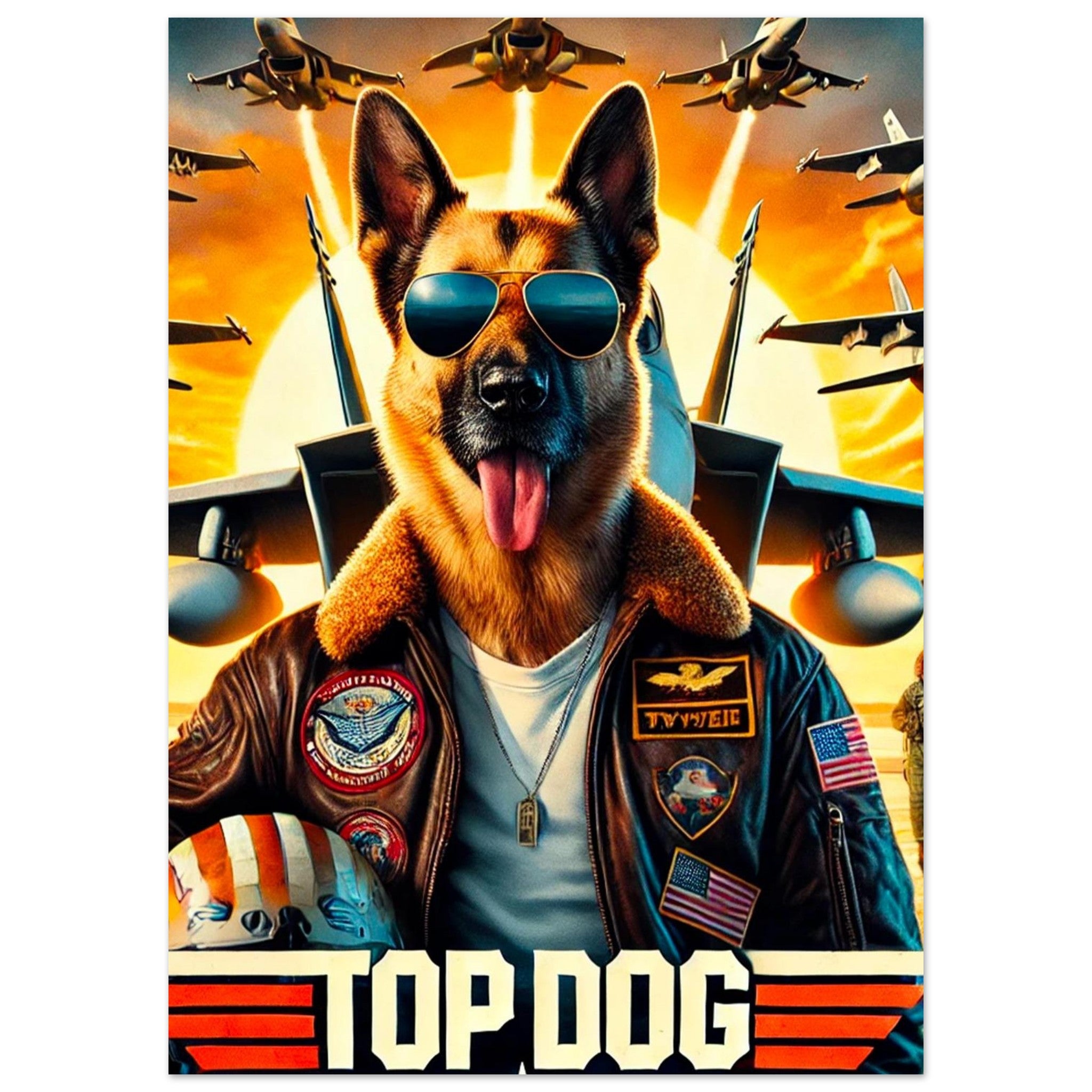 Affiche stylisée d’un berger allemand en pilote de chasse portant un blouson en cuir à écussons, des lunettes aviateur et un casque posé à ses pieds, avec des avions militaires en formation devant un soleil couchant et le titre “Top Dog”.