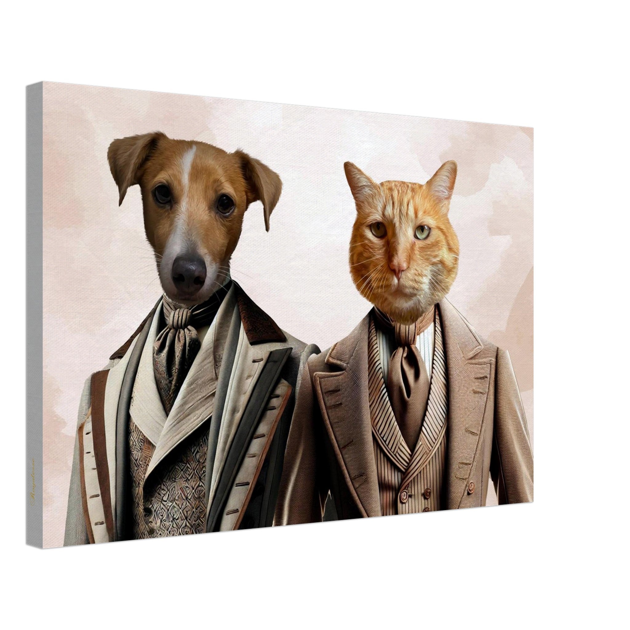 Peinture sur toile représentant un chien et un chat anthropomorphes vêtus de costumes victoriens élégants sur un fond pastel doux