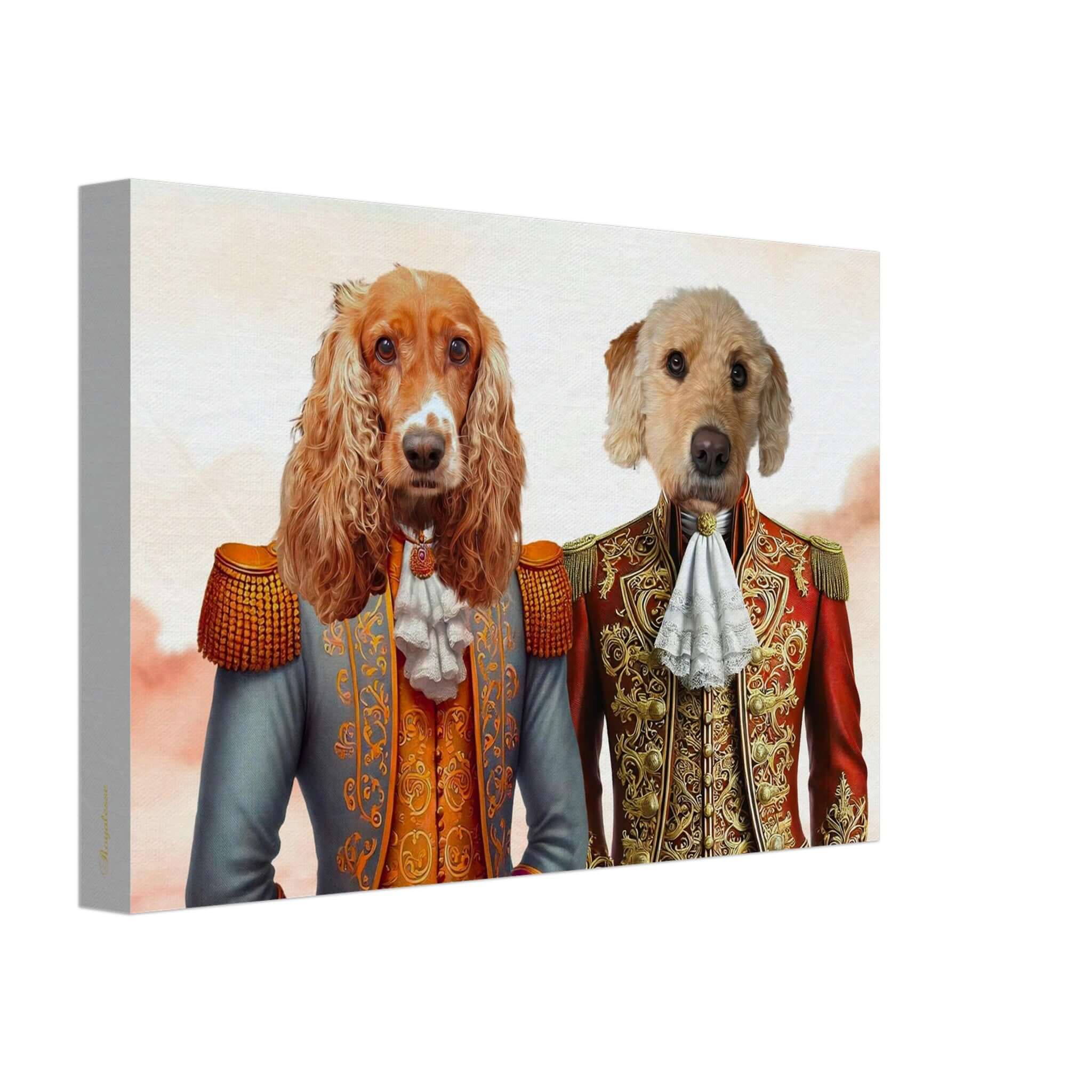 Toile duo chiens en costumes royaux, portraits personnalisés imprimés en France sur papier FSC, art intemporel pour animaux.
