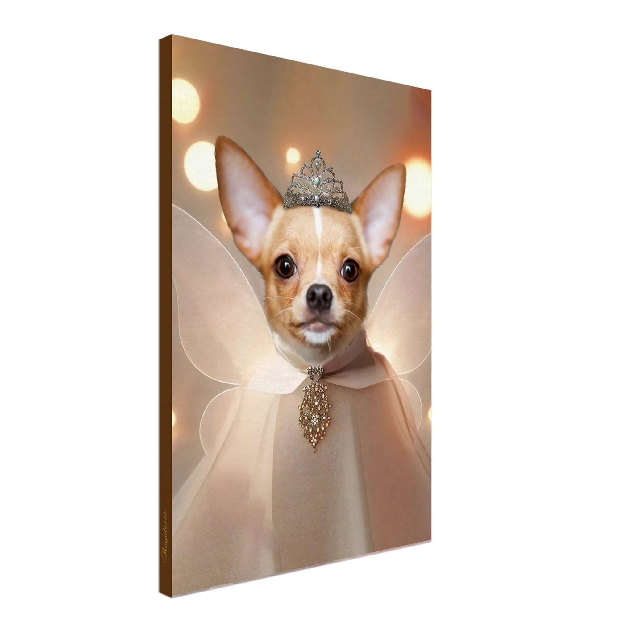 Portrait d'un chien en fée royale imprimé en France sur toile avec papier FSC, une œuvre d'art personnalisée et intemporelle.