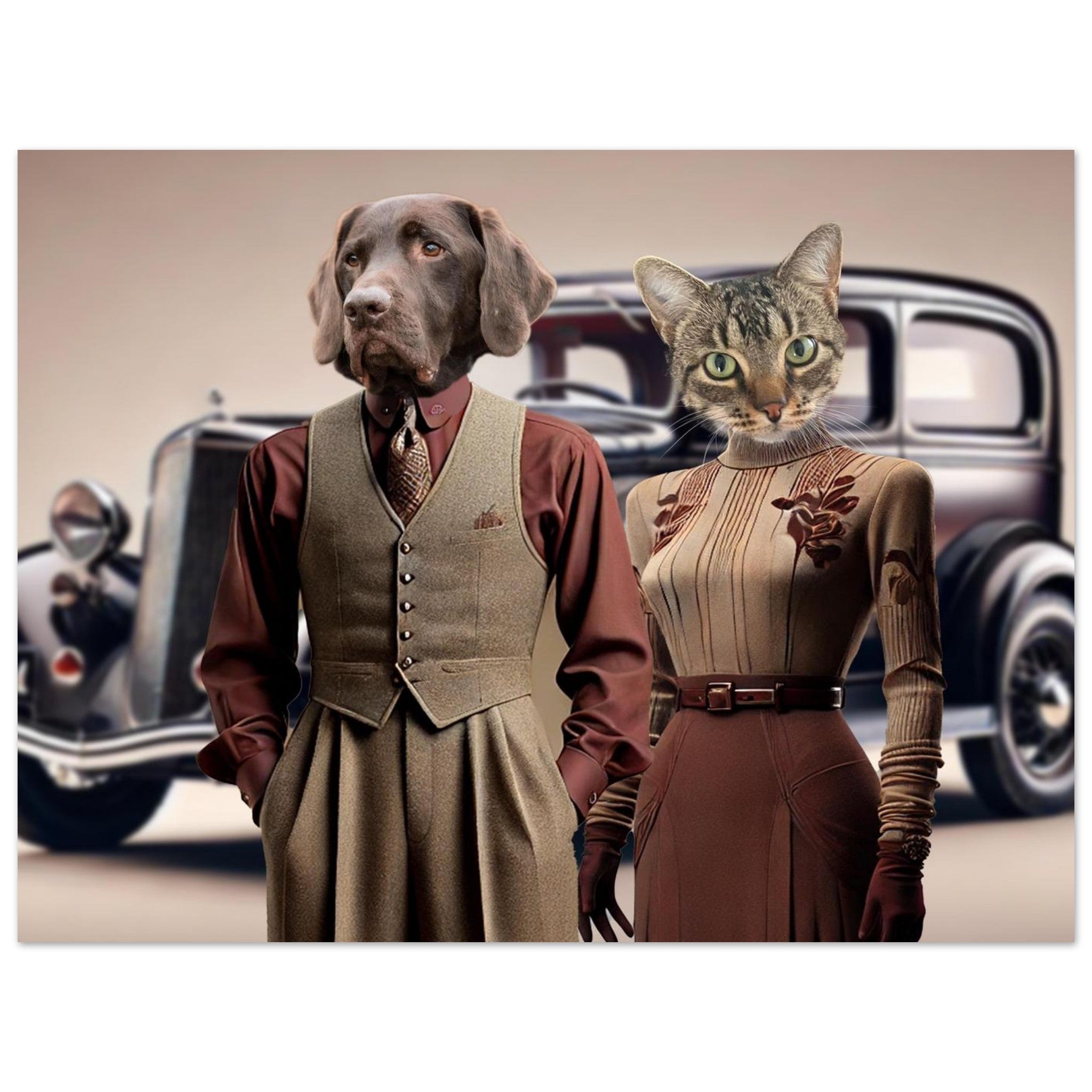 Chien anthropomorphe en gilet et pantalon vintage marron à côté d’une femme-chat élégante en robe rétro, posant devant une voiture ancienne.
