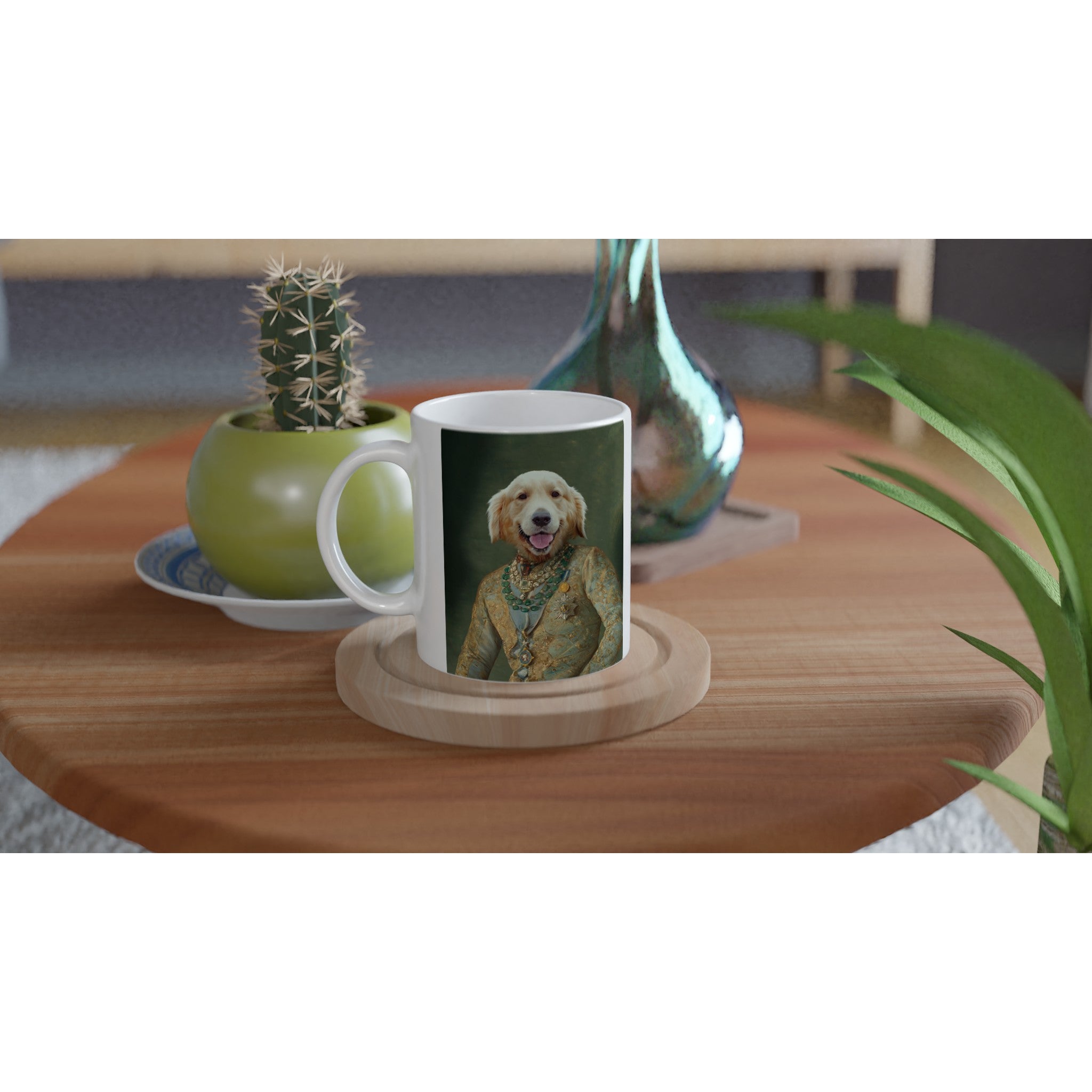 Mug blanc avec portrait d'animal en costume, parfait pour café. Personnalisé, imprimé en France, sur table avec plantes.