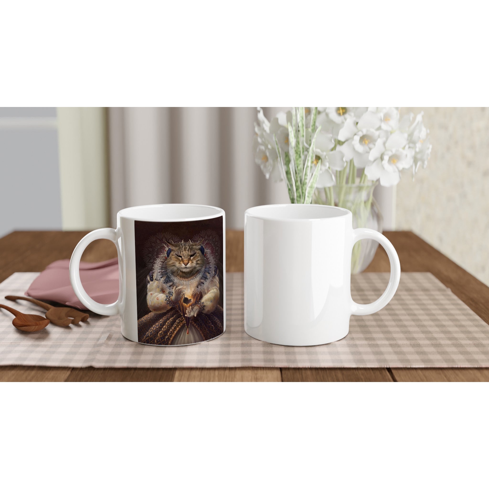 Mug en céramique décoré d'un portrait d'animal en costume, imprimé en France, sur nappe élégante.