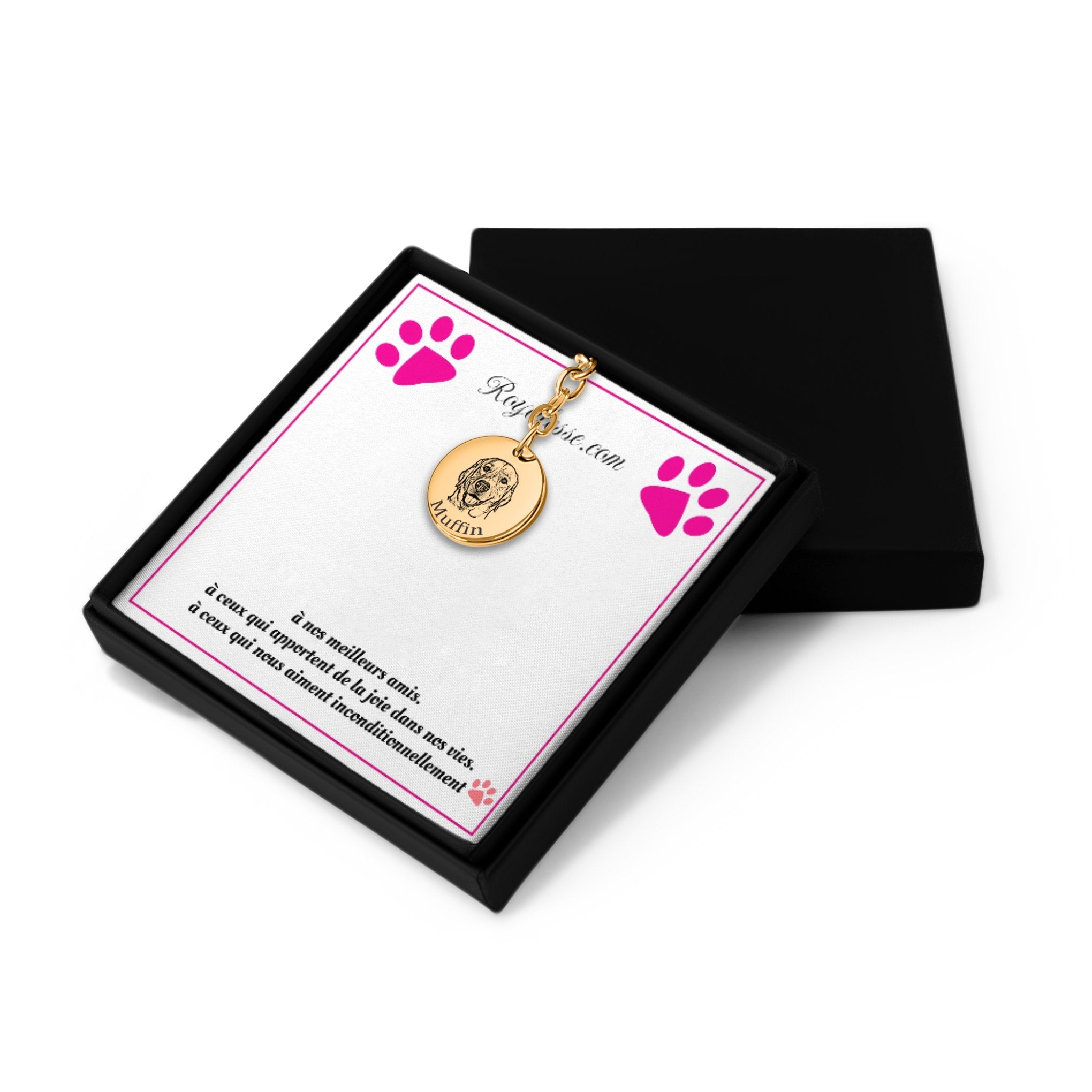 Porte-clés gravé portrait de chien dans une boîte, imprimé en France sur papier FSC, personnalisé pour votre animal préféré.