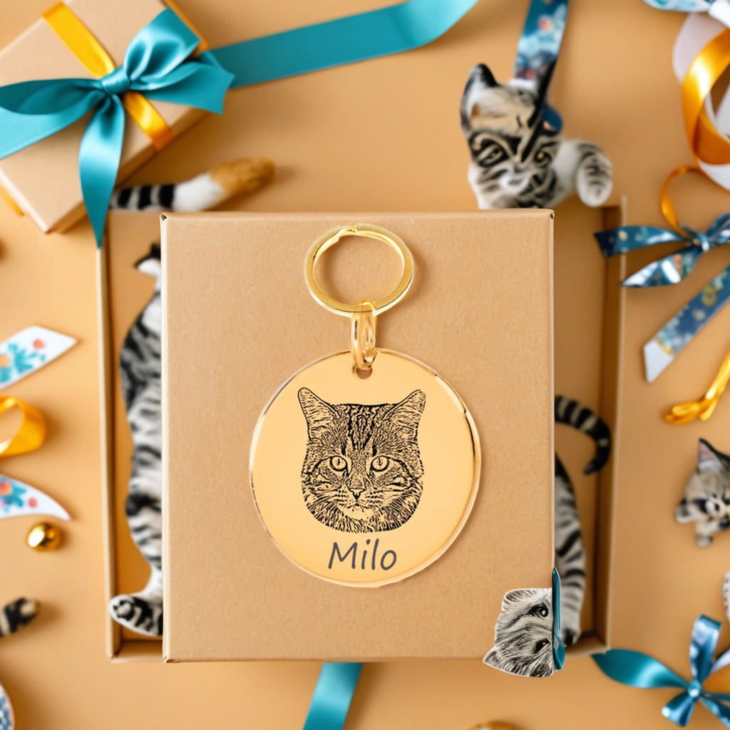 Porte-clés personnalisé en France avec photo de chat et nom "Milo", cadeau spécial sur fond de boîtes cadeaux décorées.