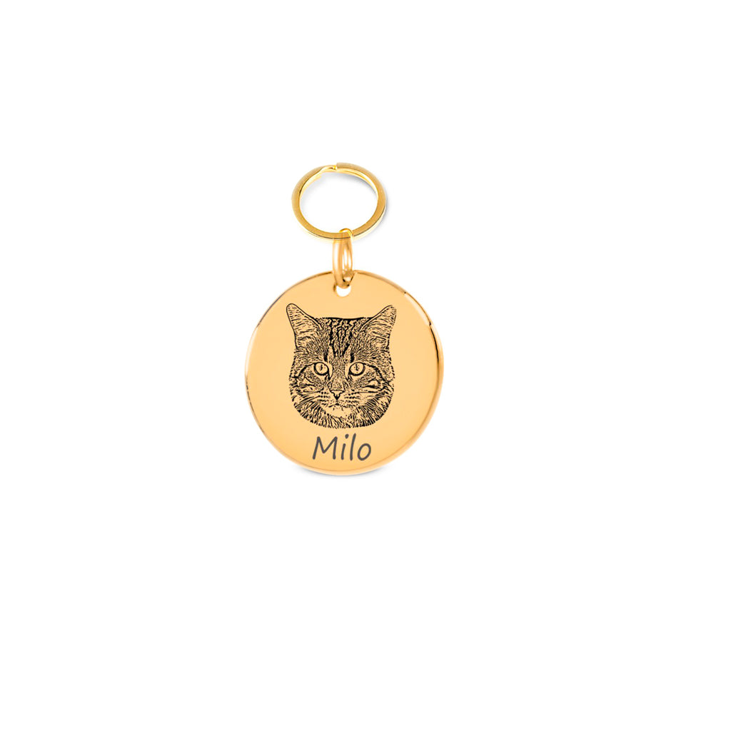 Porte-clefs personnalisé en or avec gravure photo de chat "Milo", réalisé en France.