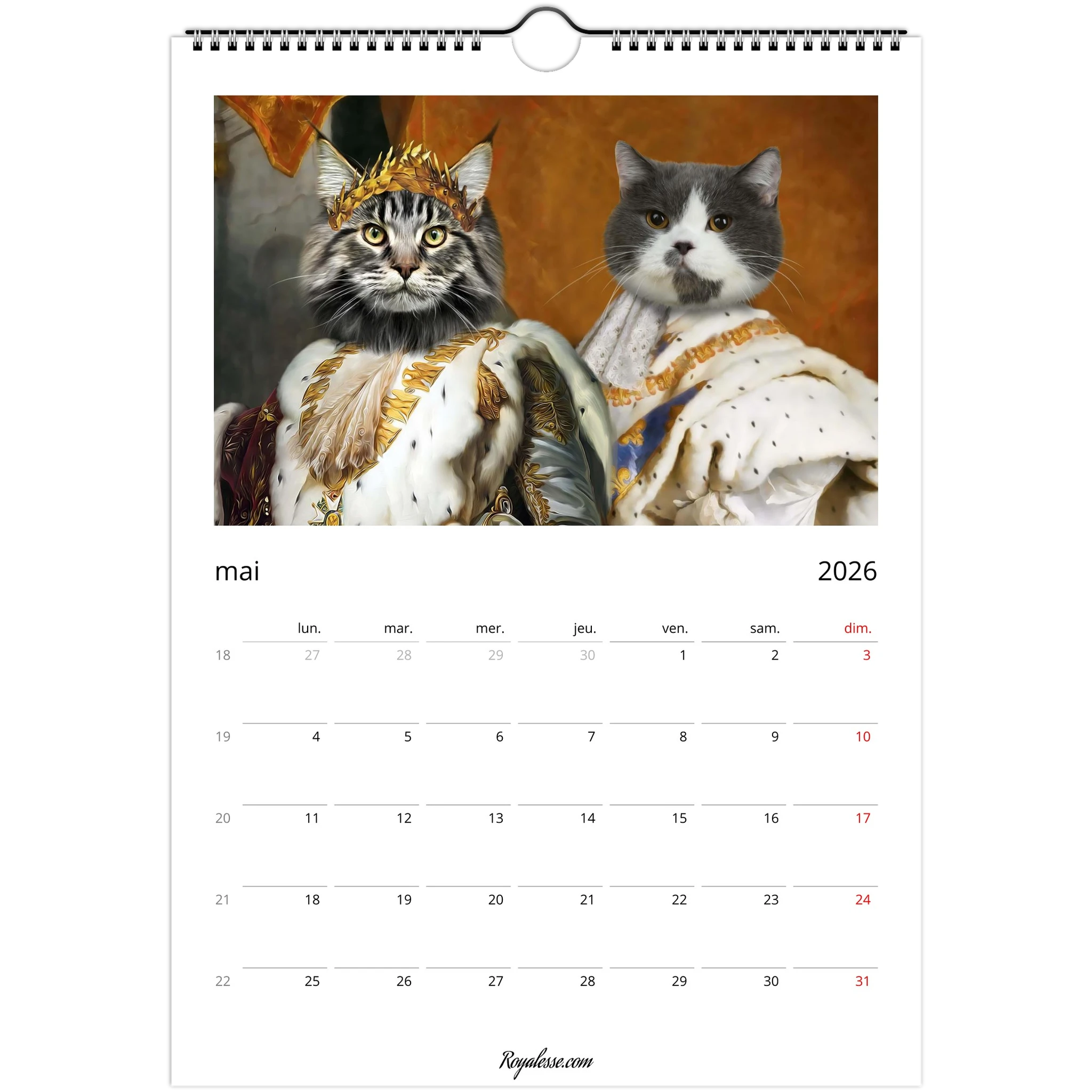 Calendrier mural de mai 2026 illustré par deux chats en costumes royaux : l’un porte une couronne de lauriers et un manteau d’hermine blanc orné de broderies dorées, l’autre arbore une toge blanche à col dentelé, le tout dans un style de portrait classique.
