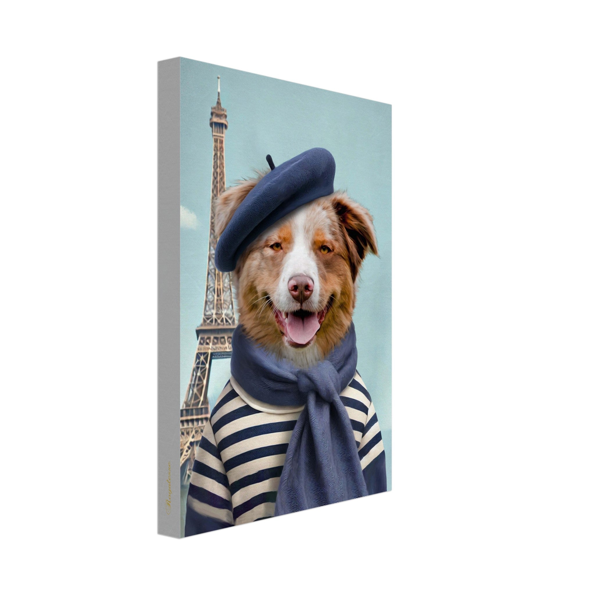 Portrait animal personnalisé sur toile avec chien en beret devant la Tour Eiffel, imprimé en France sur papier FSC, œuvre d'art intemporelle.