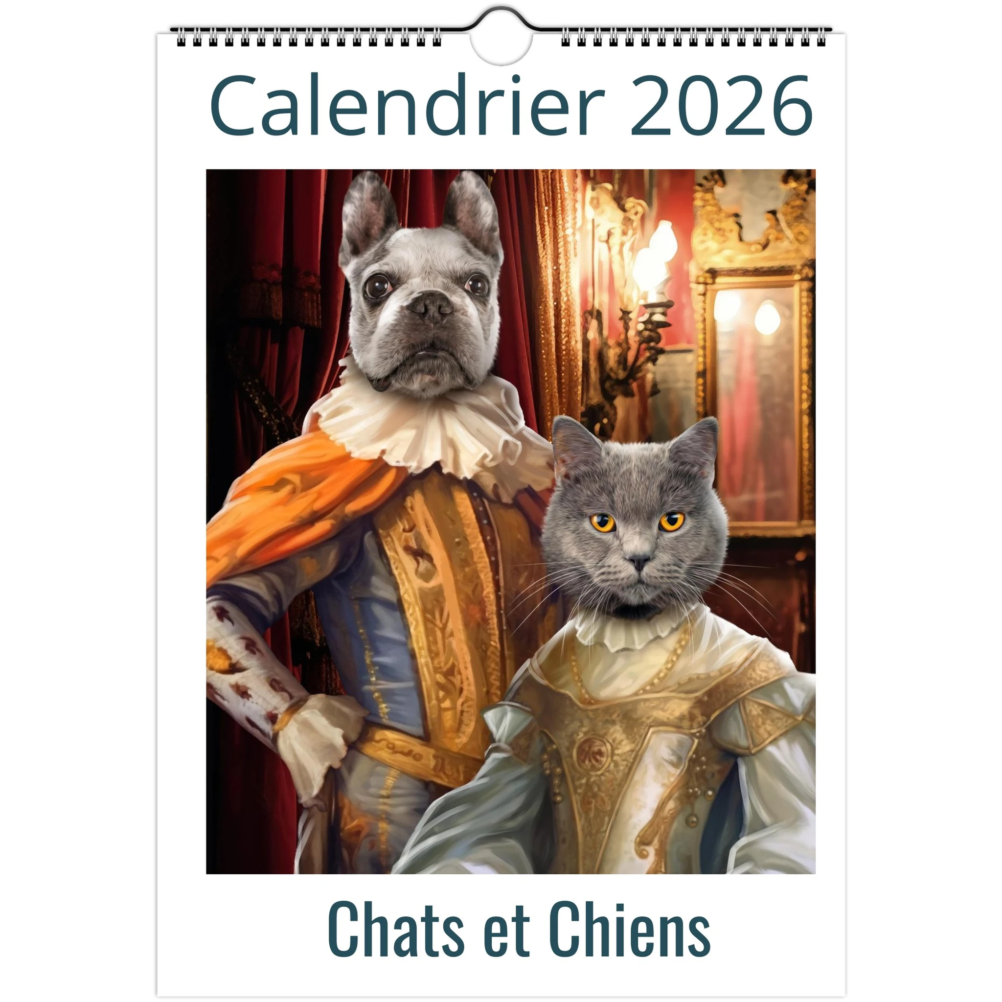 Couverture du calendrier 2026 Chats et Chiens : portrait d’un bouledogue français en costume de noble Renaissance orange et d’un chat gris aux yeux jaunes en robe de cour dorée.