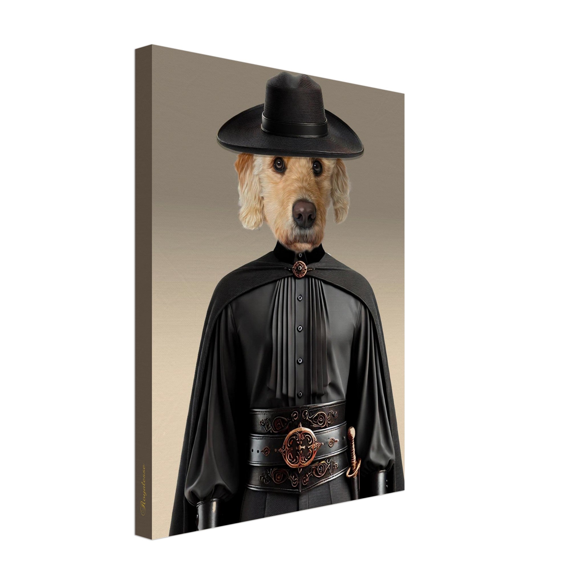 Portrait d’un chien golden retriever anthropomorphe portant un large chapeau noir, une cape et chemise plissée noires, ceinture en cuir ornée et petite épée à la taille