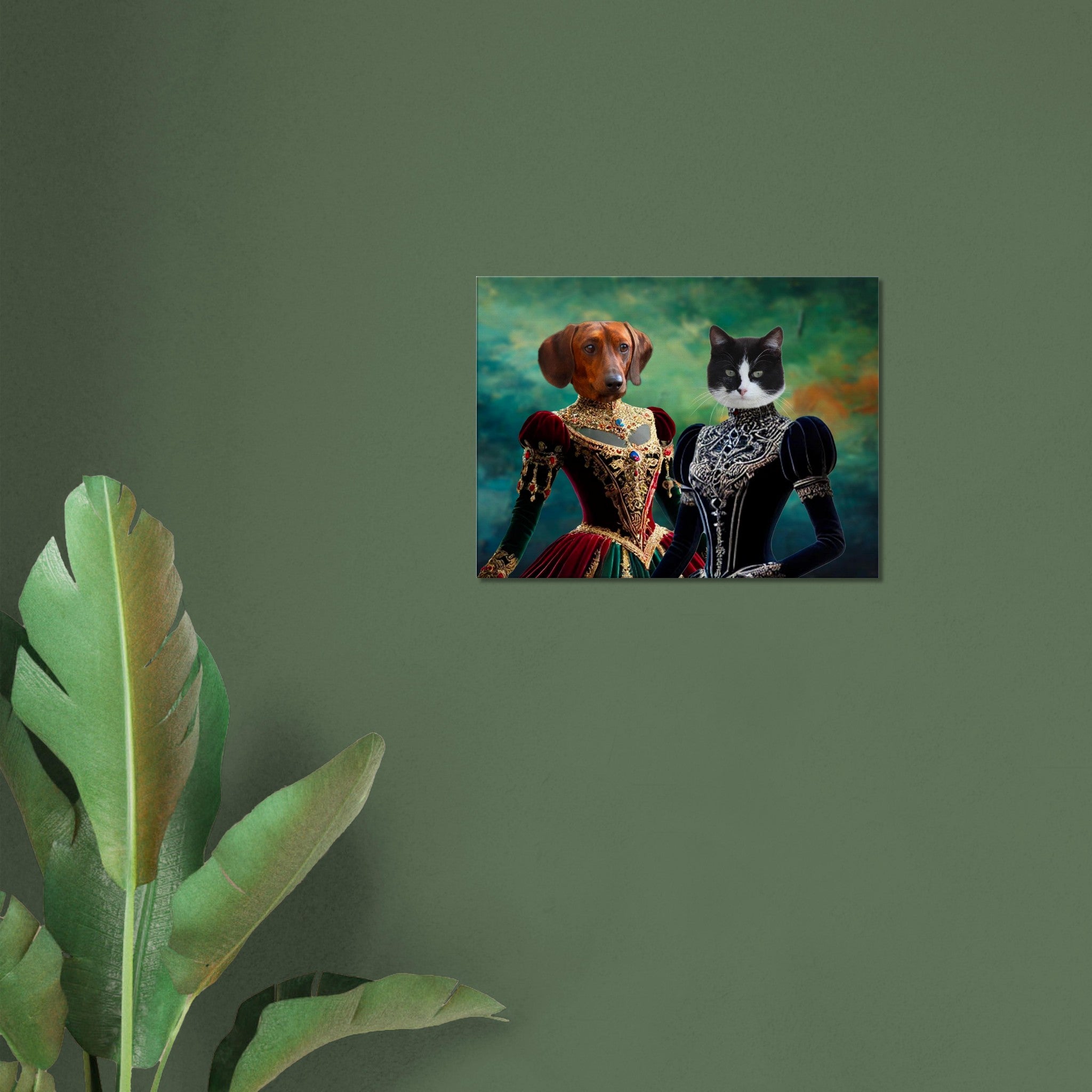 Portrait d’un tableau accroché sur un mur vert représentant un chien teckel en robe de cour rouge et or et un chat noir et blanc en robe aristocratique noire, avec une grande plante verte en bas à gauche.