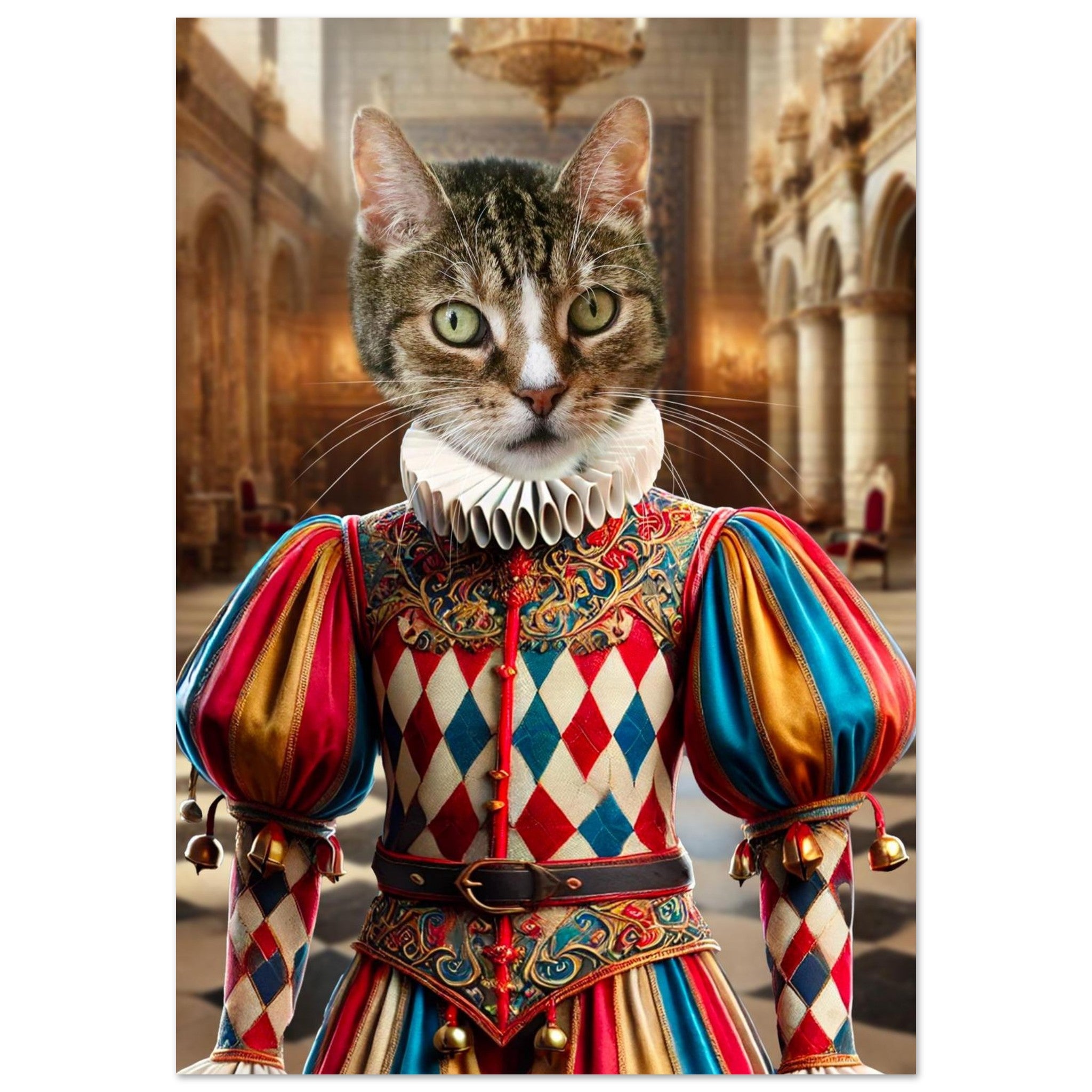 Chat tigré en costume Renaissance à losanges rouges, bleus et or, col plissé et manches bouffantes, debout dans une grande salle de palais.