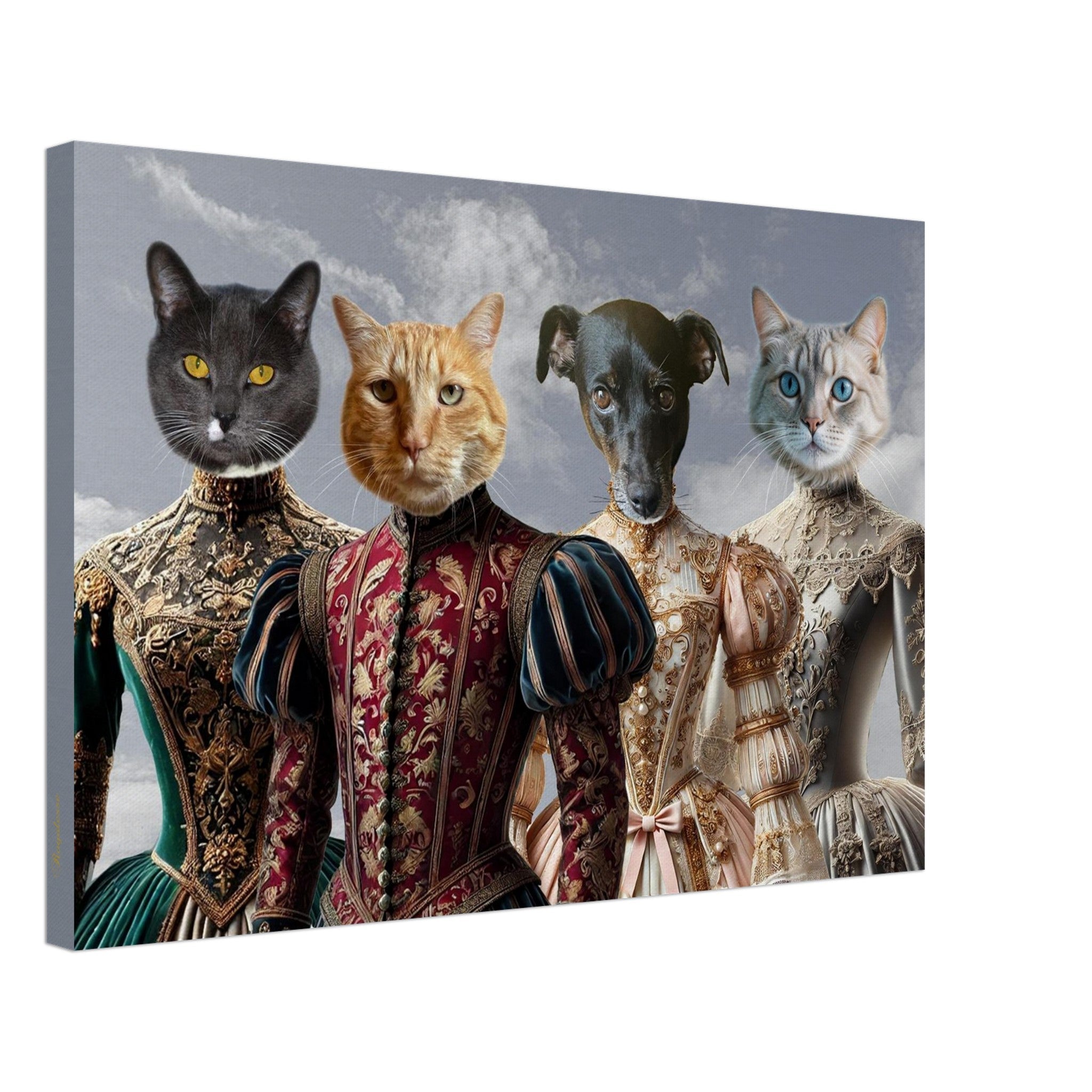 Quatre animaux anthropomorphes (trois chats et un chien) vêtus de somptueuses robes Renaissance richement brodées sur fond de ciel nuageux.