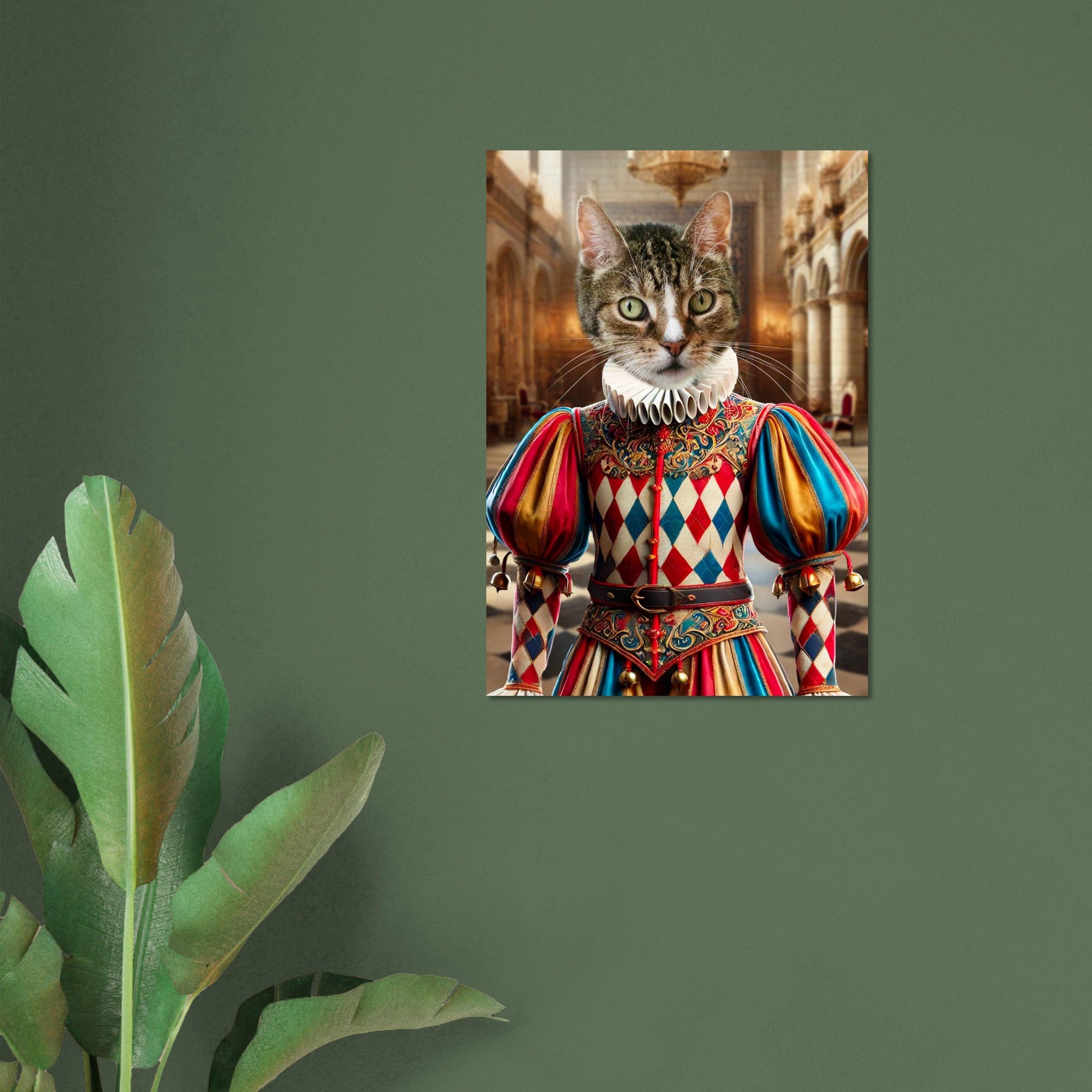 Affiche murale d’un chat tigré en costume de bouffon princier de style renaissance (collerette blanche, tunique losangée rouge, bleu et or) suspendue sur un mur vert à côté d’une plante.