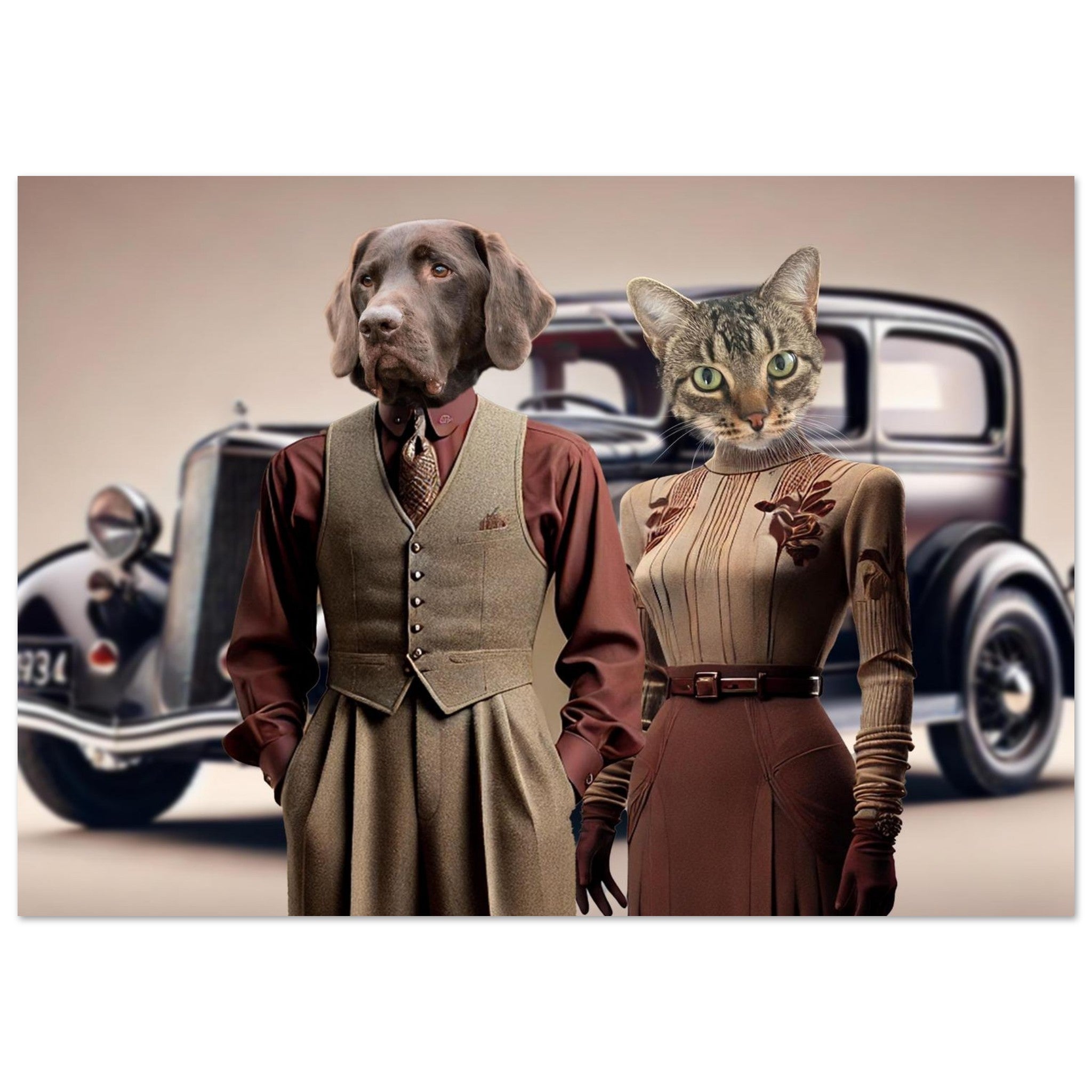 Chien Labrador chocolat en costume trois-pièces années 1930 et chatte tigrée en robe rétro posant devant une voiture ancienne vintage.