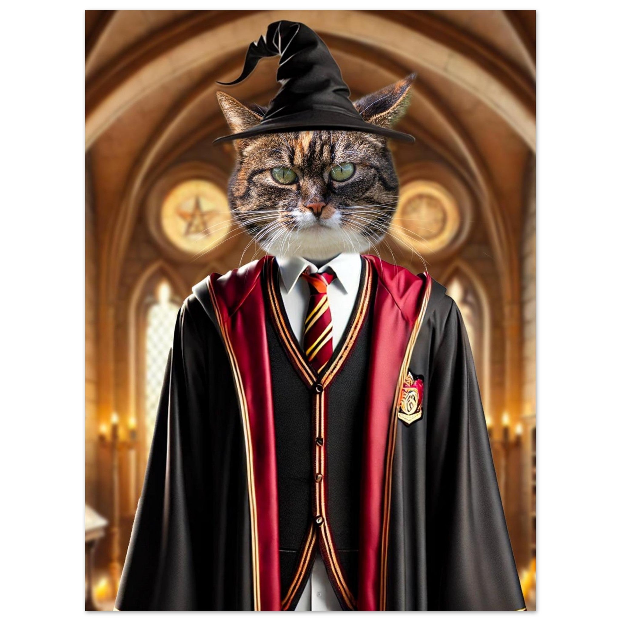 Chat tigré en costume de sorcier avec chapeau pointu, robe et cravate rouge et or ornées d’un écusson, debout dans une grande salle gothique éclairée aux bougies.