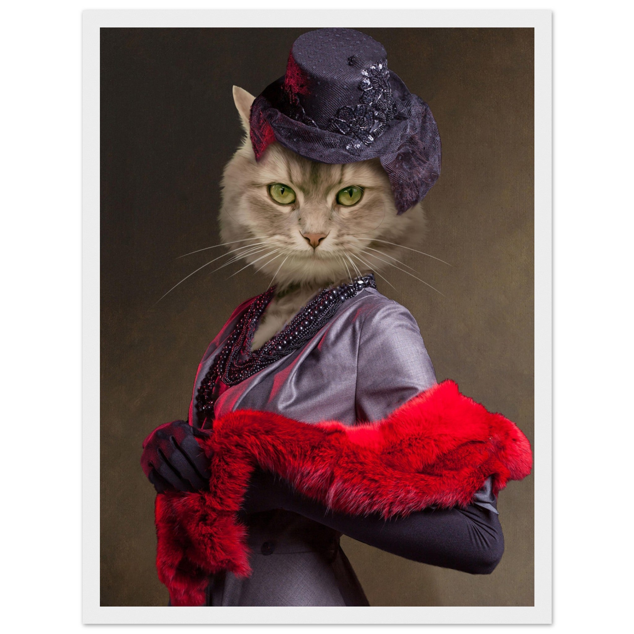 Portrait humoristique d'un chat avec tête sophistiquée, portant une tenue vintage élégante et un chapeau, style Belle Époque.