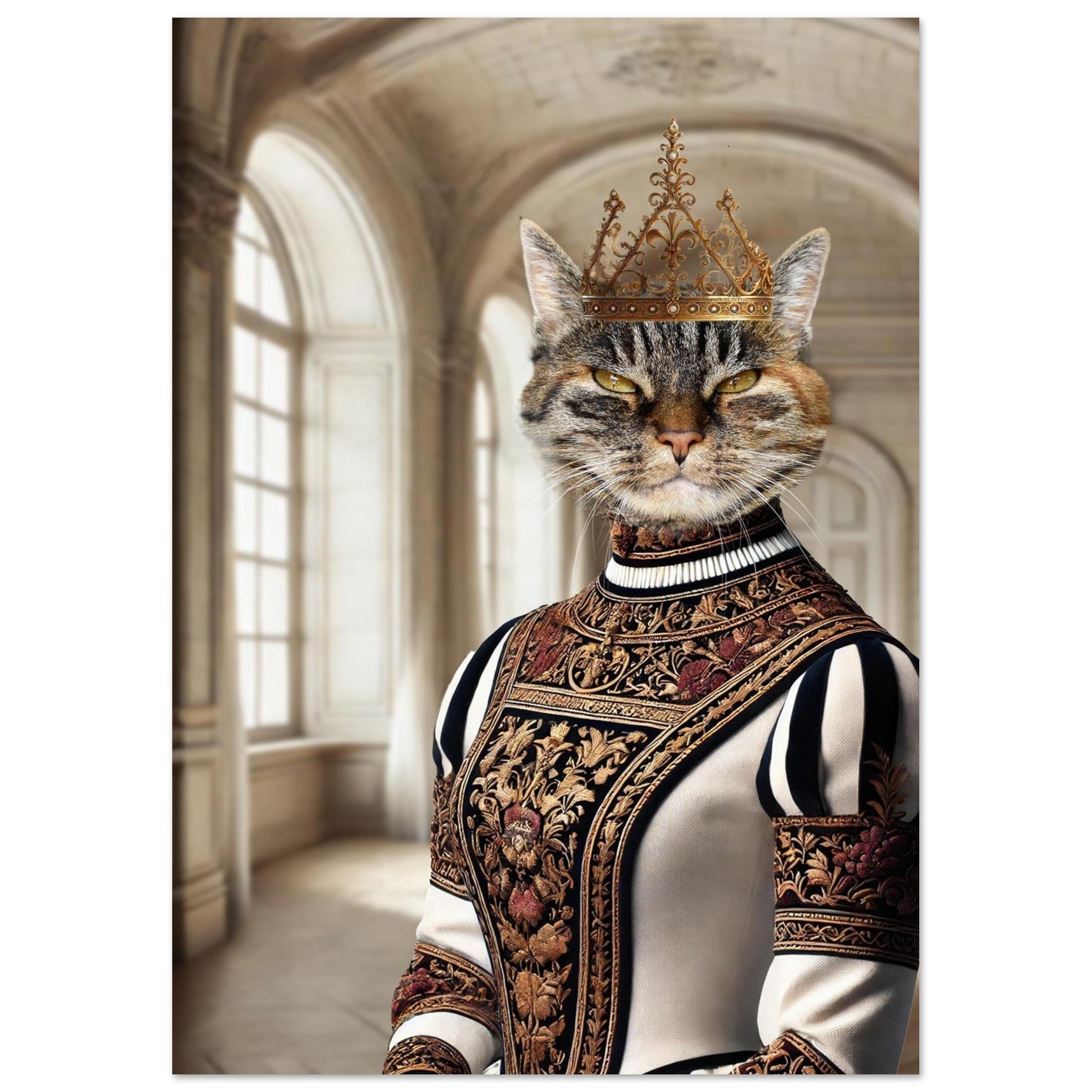 Chat tigré majestueux vêtu d’une robe Renaissance blanche et noire richement brodée de motifs dorés, coiffé d’une couronne élégante, posé dans un somptueux hall de palais aux grandes fenêtres.