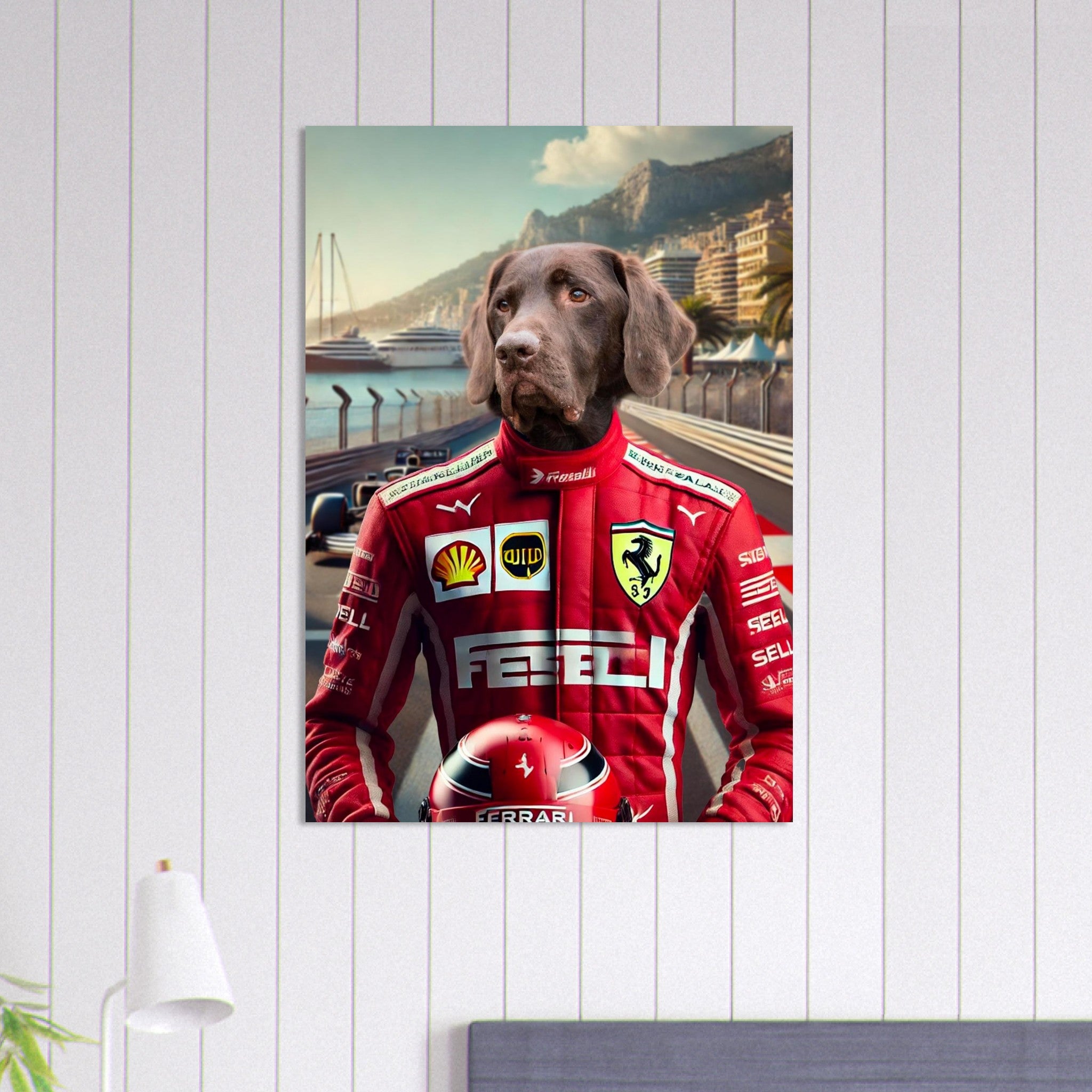 Labrador chocolat en combinaison de pilote Ferrari rouge tenant un casque sur le circuit de Monaco avec yachts et montagnes en arrière-plan.