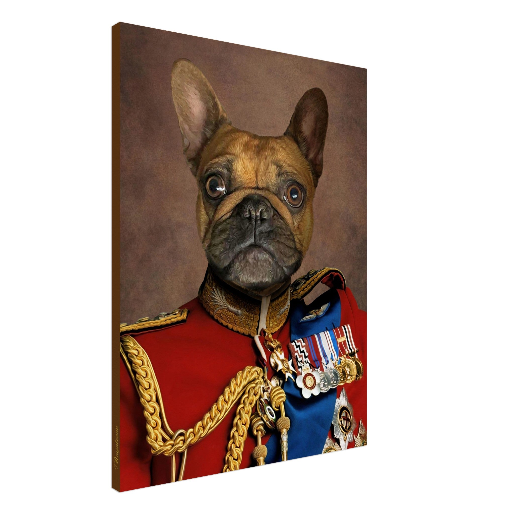 Portrait personnalisé d'un chien en noble sur toile, imprimé en France avec papier FSC. Œuvre d'art intemporelle et immersive.